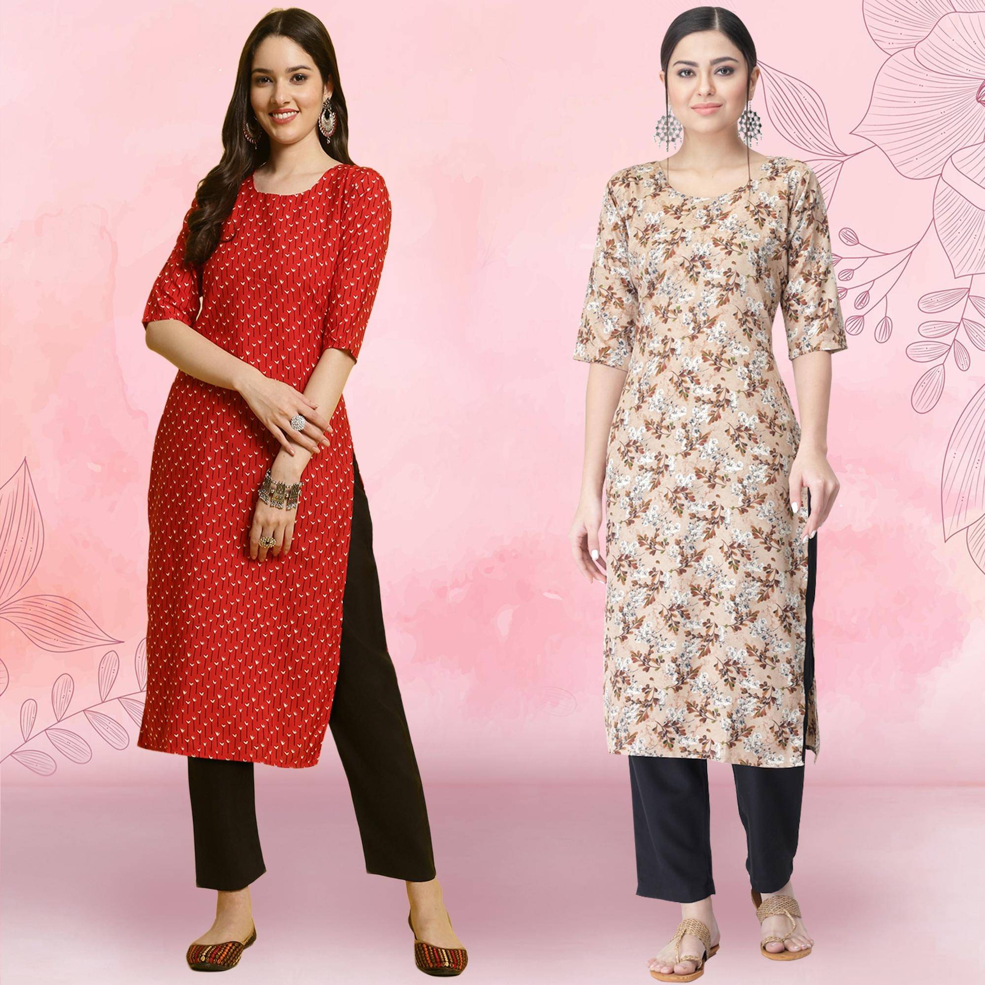     			1 Stop Fashion Crepe Printed Kurti With Pants Women's Stitched Salwar Suit - Beige ( Pack of 2 )