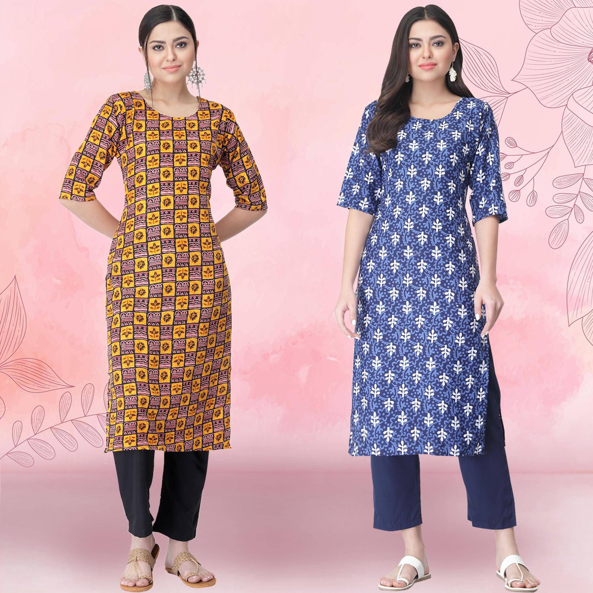 1 Stop Fashion Crepe Printed Kurti With Pants Women's Stitched Salwar Suit - Blue ( Pack of 2 ) 1 Stop Fashion Crepe Printed Kurti With Pants Women's Stitched Salwar Suit - Blue ( Pack of 2 )
