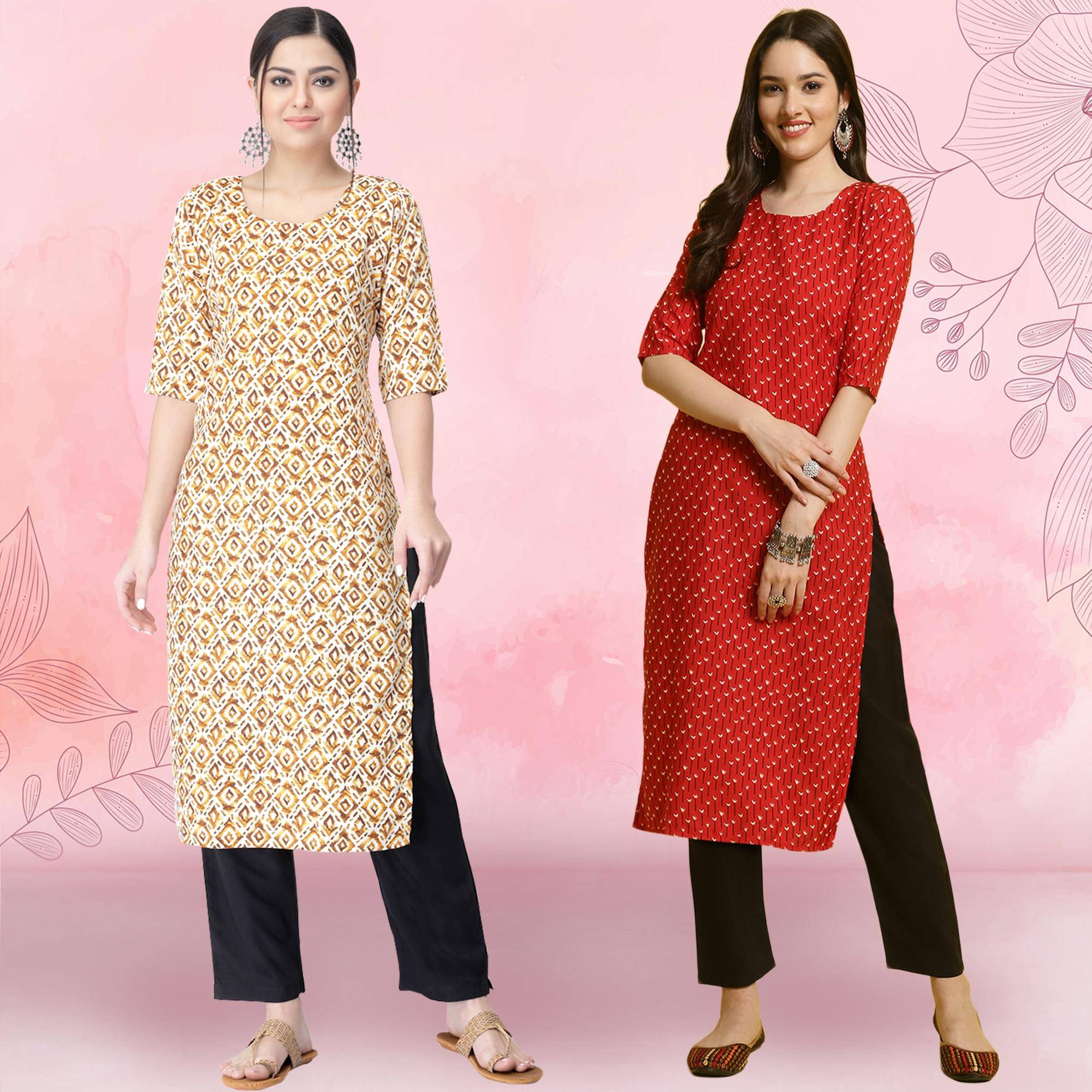     			1 Stop Fashion Crepe Printed Kurti With Pants Women's Stitched Salwar Suit - Red ( Pack of 2 )