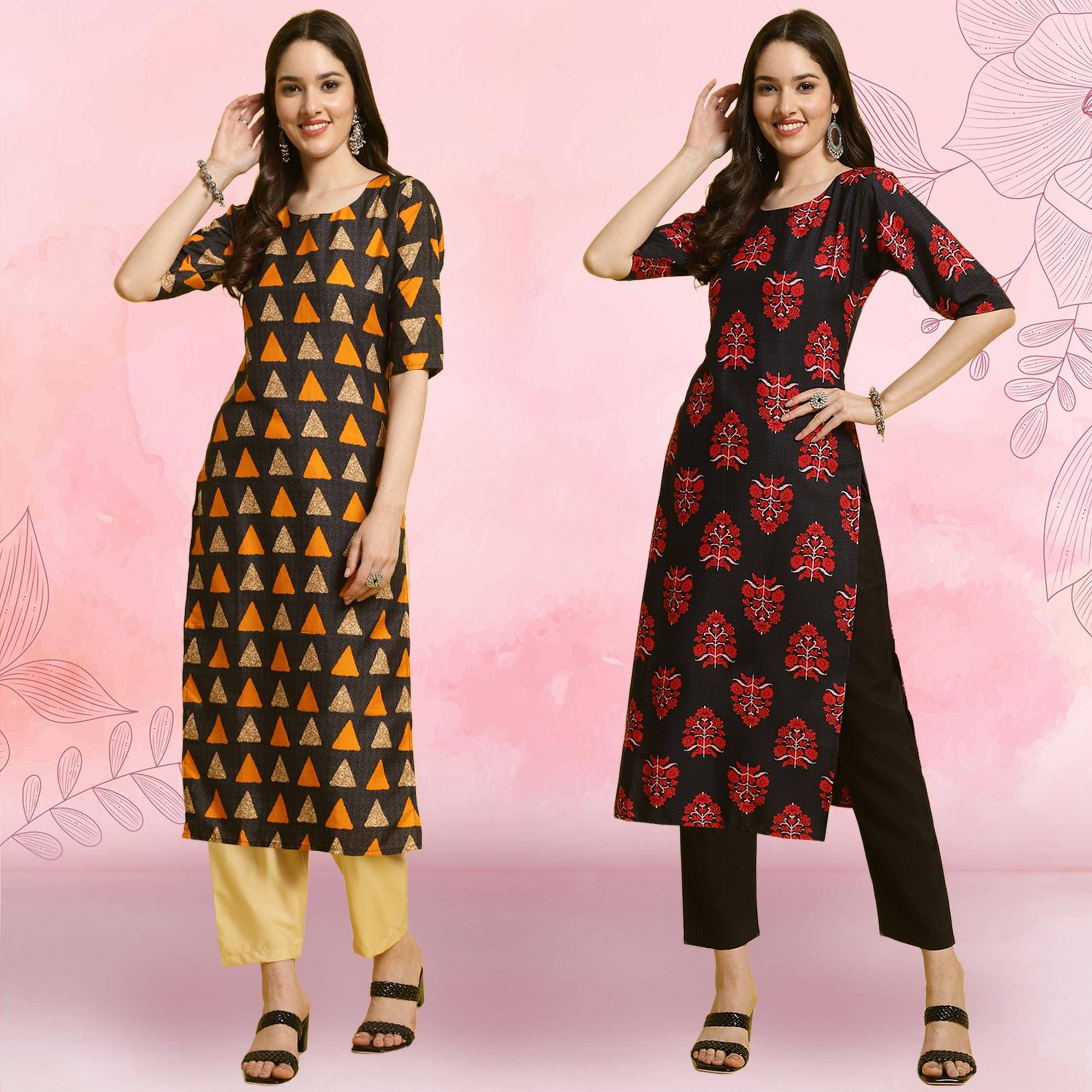 1 Stop Fashion Crepe Printed Kurti With Pants Women's Stitched Salwar Suit - Black ( Pack of 2 )     			1 Stop Fashion Crepe Printed Kurti With Pants Women's Stitched Salwar Suit - Black ( Pack of 2 )