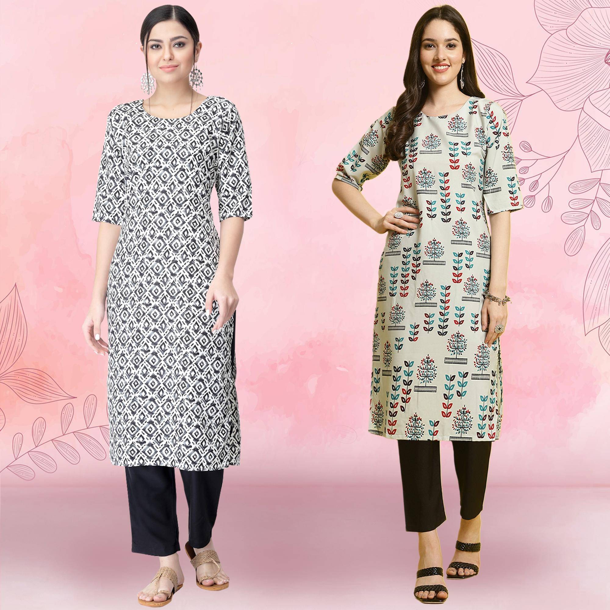     			1 Stop Fashion Crepe Printed Kurti With Pants Women's Stitched Salwar Suit - Grey ( Pack of 2 )