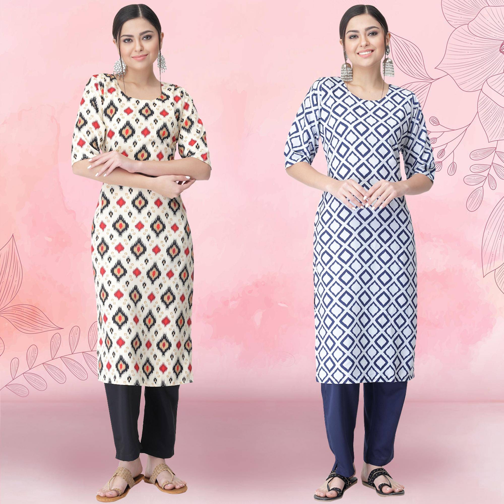     			1 Stop Fashion Crepe Printed Kurti With Pants Women's Stitched Salwar Suit - White ( Pack of 2 )