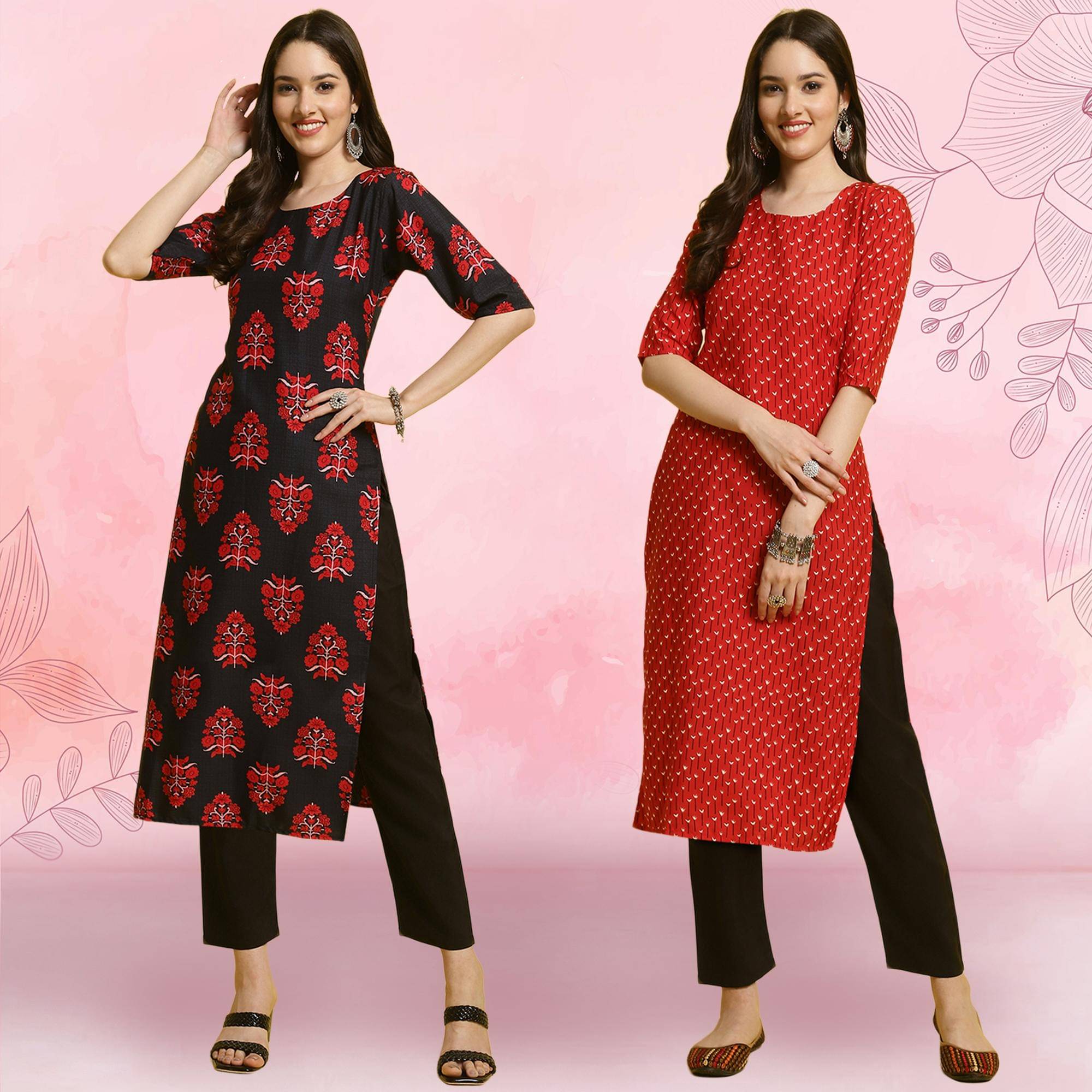     			1 Stop Fashion Crepe Printed Kurti With Pants Women's Stitched Salwar Suit - Red ( Pack of 2 )