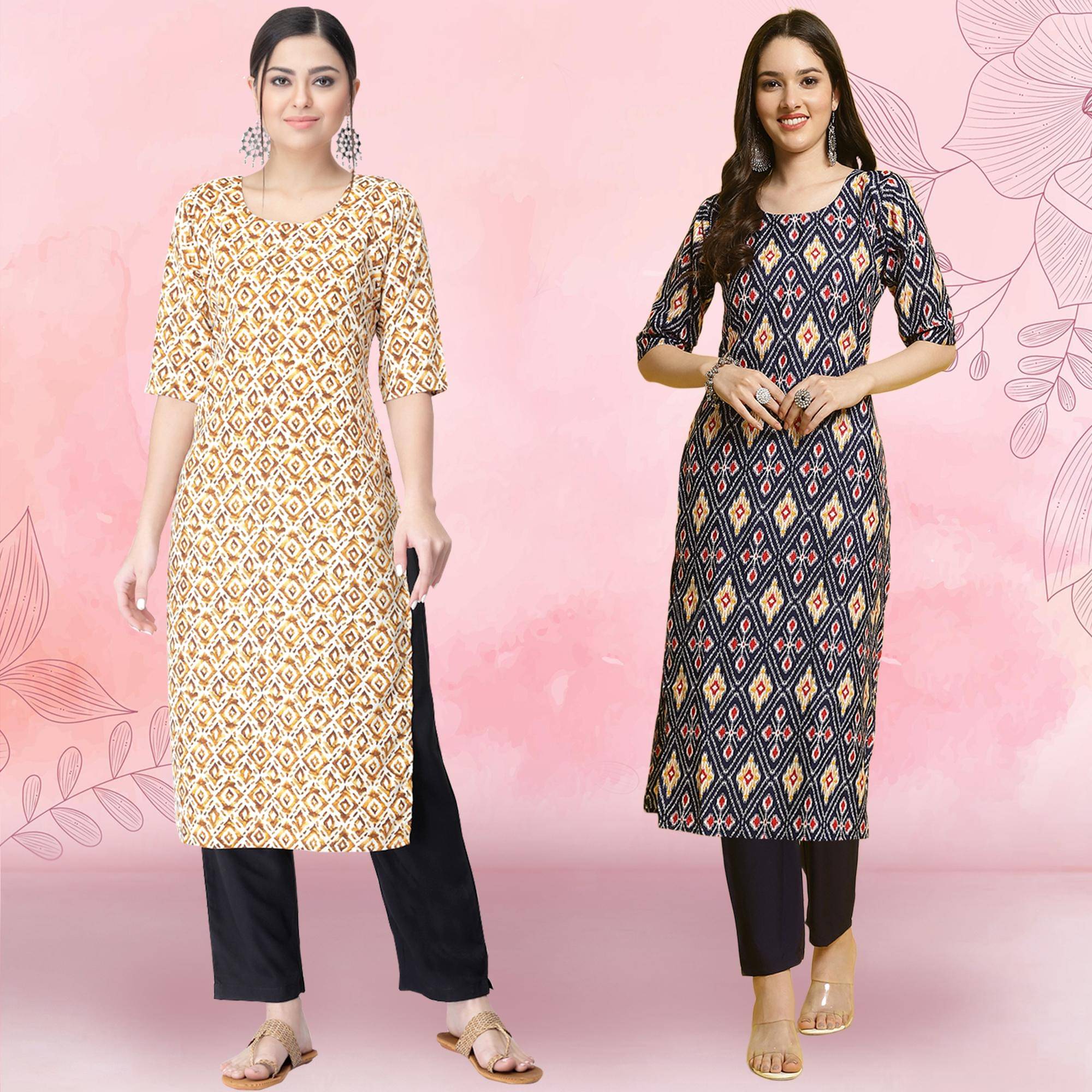 1 Stop Fashion Crepe Printed Kurti With Pants Women's Stitched Salwar Suit - Navy Blue ( Pack of 2 ) 1 Stop Fashion Crepe Printed Kurti With Pants Women's Stitched Salwar Suit - Navy Blue ( Pack of 2 )