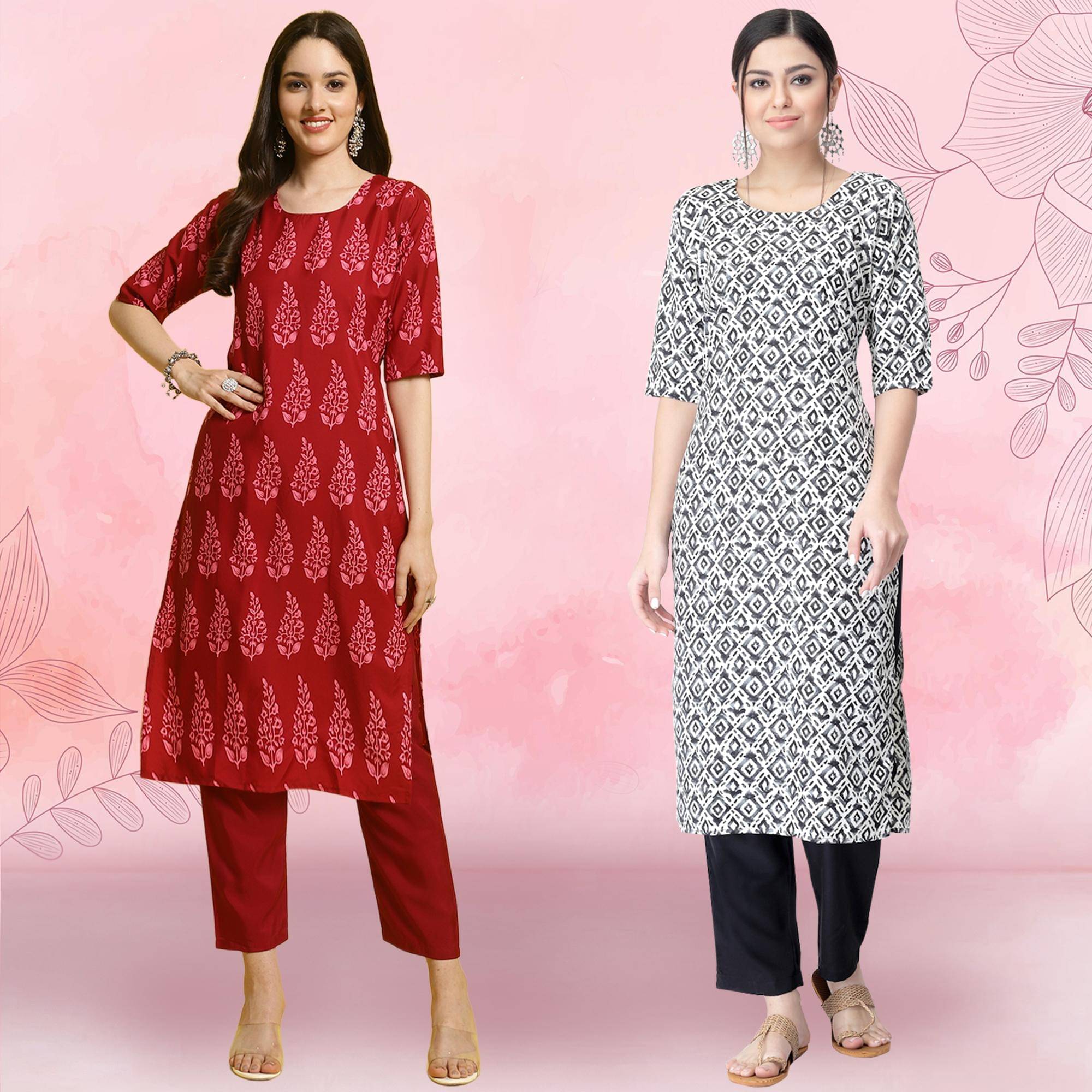 1 Stop Fashion Crepe Printed Kurti With Pants Women's Stitched Salwar Suit - Black ( Pack of 2 )     			1 Stop Fashion Crepe Printed Kurti With Pants Women's Stitched Salwar Suit - Black ( Pack of 2 )