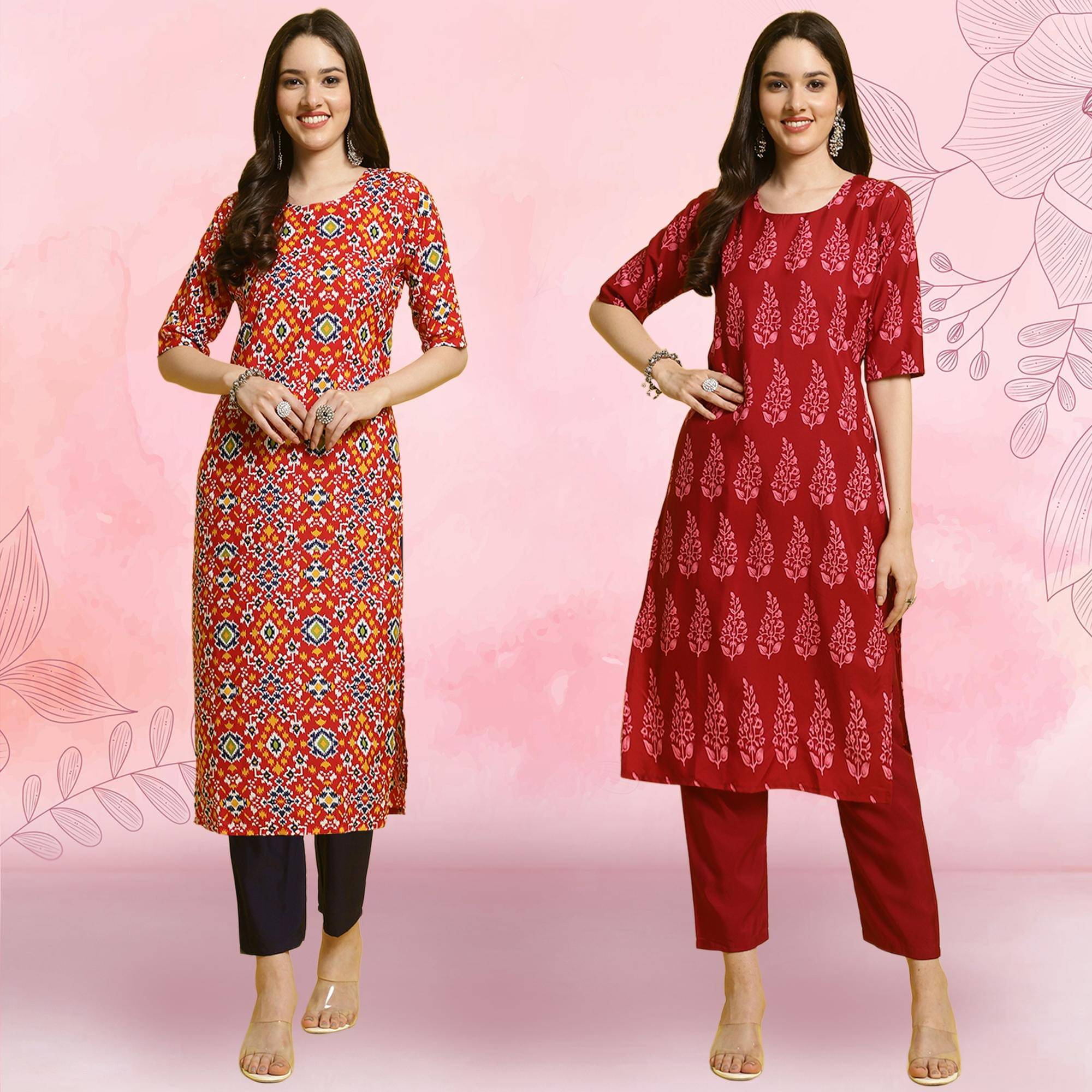     			1 Stop Fashion Crepe Printed Kurti With Pants Women's Stitched Salwar Suit - Red ( Pack of 2 )