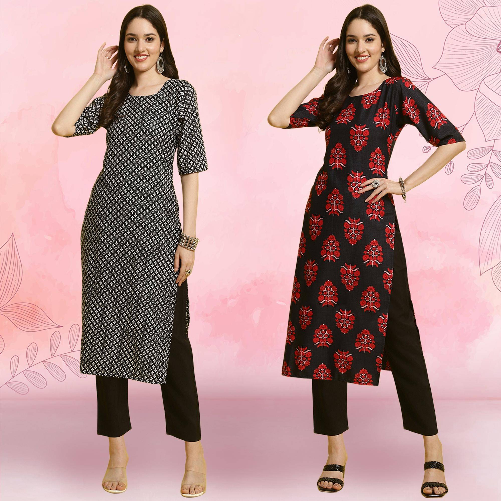 1 Stop Fashion Crepe Printed Kurti With Pants Women's Stitched Salwar Suit - Black ( Pack of 2 ) 1 Stop Fashion Crepe Printed Kurti With Pants Women's Stitched Salwar Suit - Black ( Pack of 2 )
