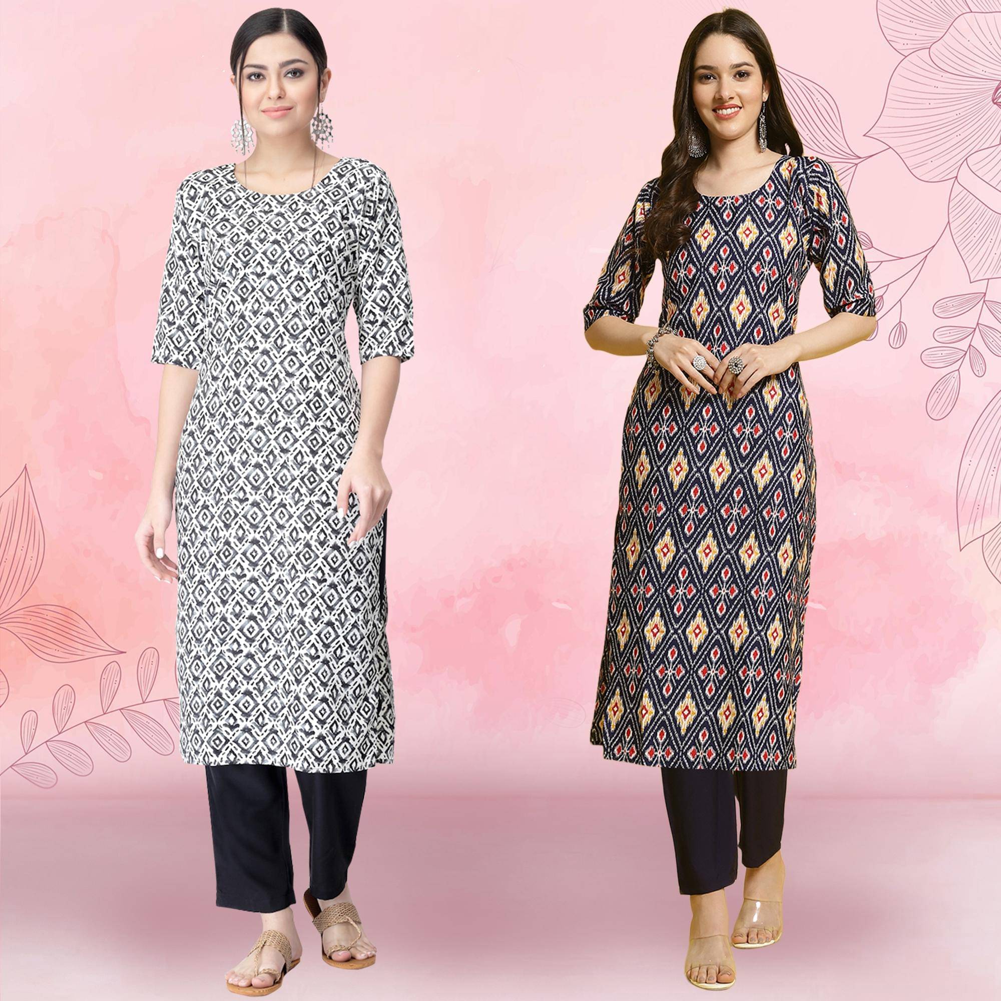 1 Stop Fashion Crepe Printed Kurti With Pants Women's Stitched Salwar Suit - Navy Blue ( Pack of 2 )     			1 Stop Fashion Crepe Printed Kurti With Pants Women's Stitched Salwar Suit - Navy Blue ( Pack of 2 )