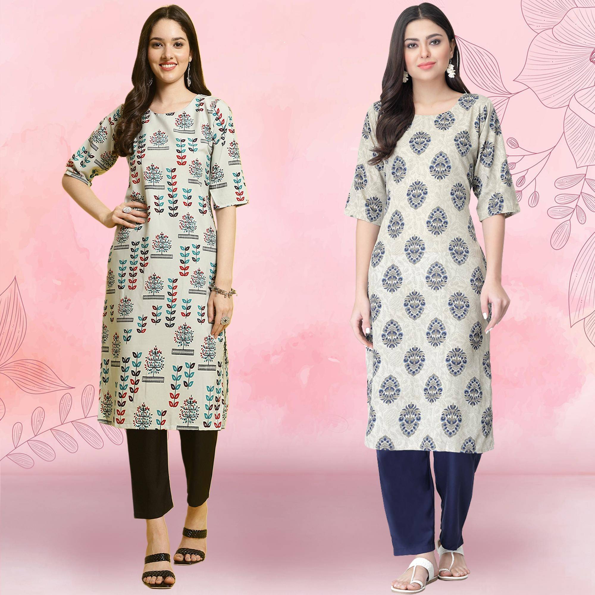 1 Stop Fashion Crepe Printed Kurti With Pants Women's Stitched Salwar Suit - Grey ( Pack of 2 ) 1 Stop Fashion Crepe Printed Kurti With Pants Women's Stitched Salwar Suit - Grey ( Pack of 2 )