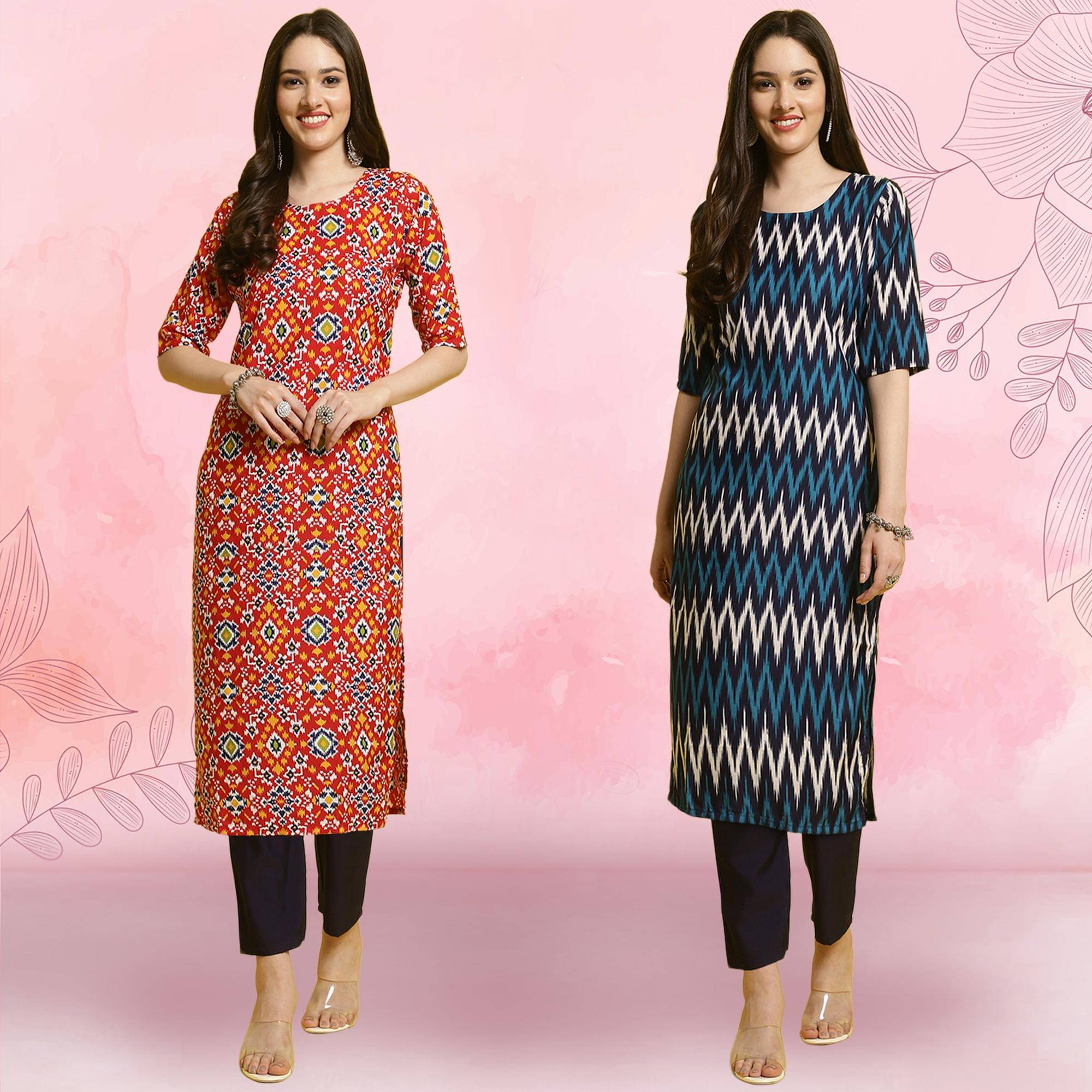 1 Stop Fashion Crepe Printed Kurti With Pants Women's Stitched Salwar Suit - Multicoloured ( Pack of 2 )     			1 Stop Fashion Crepe Printed Kurti With Pants Women's Stitched Salwar Suit - Multicoloured ( Pack of 2 )