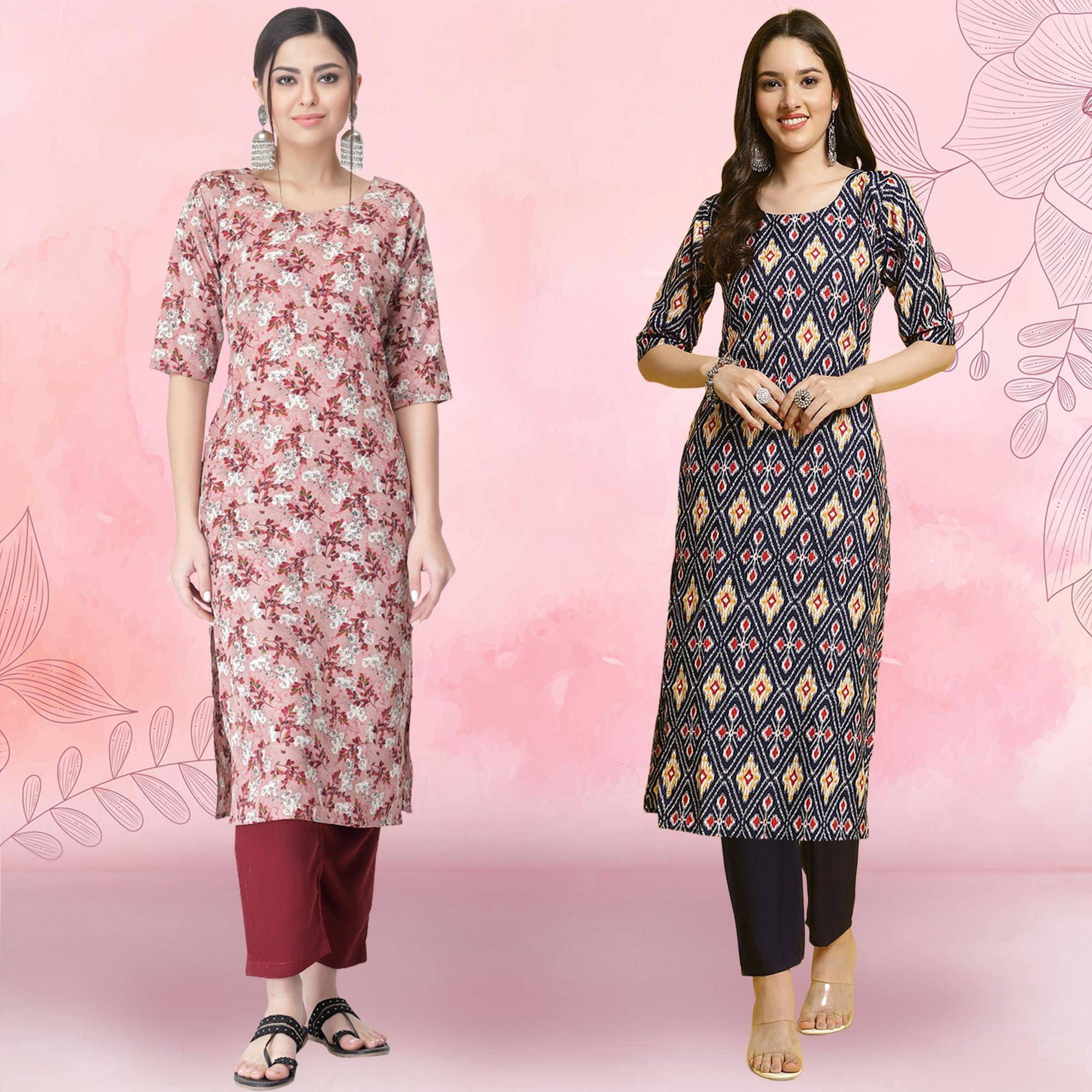     			1 Stop Fashion Crepe Printed Kurti With Pants Women's Stitched Salwar Suit - Navy Blue ( Pack of 2 )