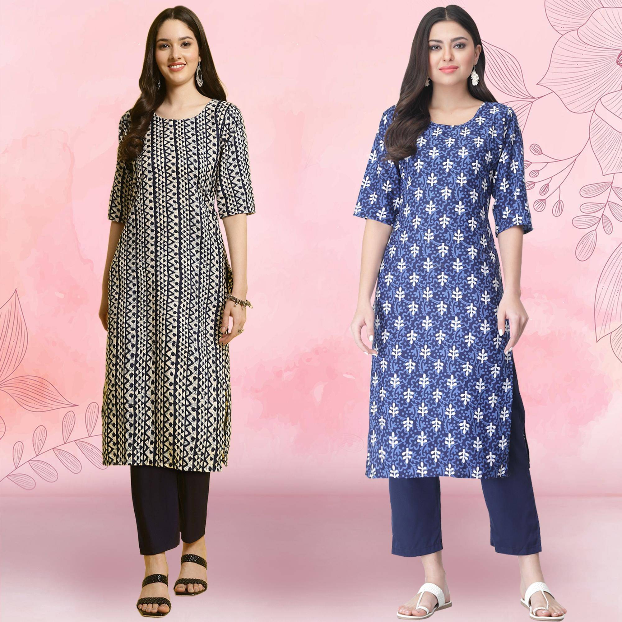 1 Stop Fashion Crepe Printed Kurti With Pants Women's Stitched Salwar Suit - Blue ( Pack of 2 ) 1 Stop Fashion Crepe Printed Kurti With Pants Women's Stitched Salwar Suit - Blue ( Pack of 2 )