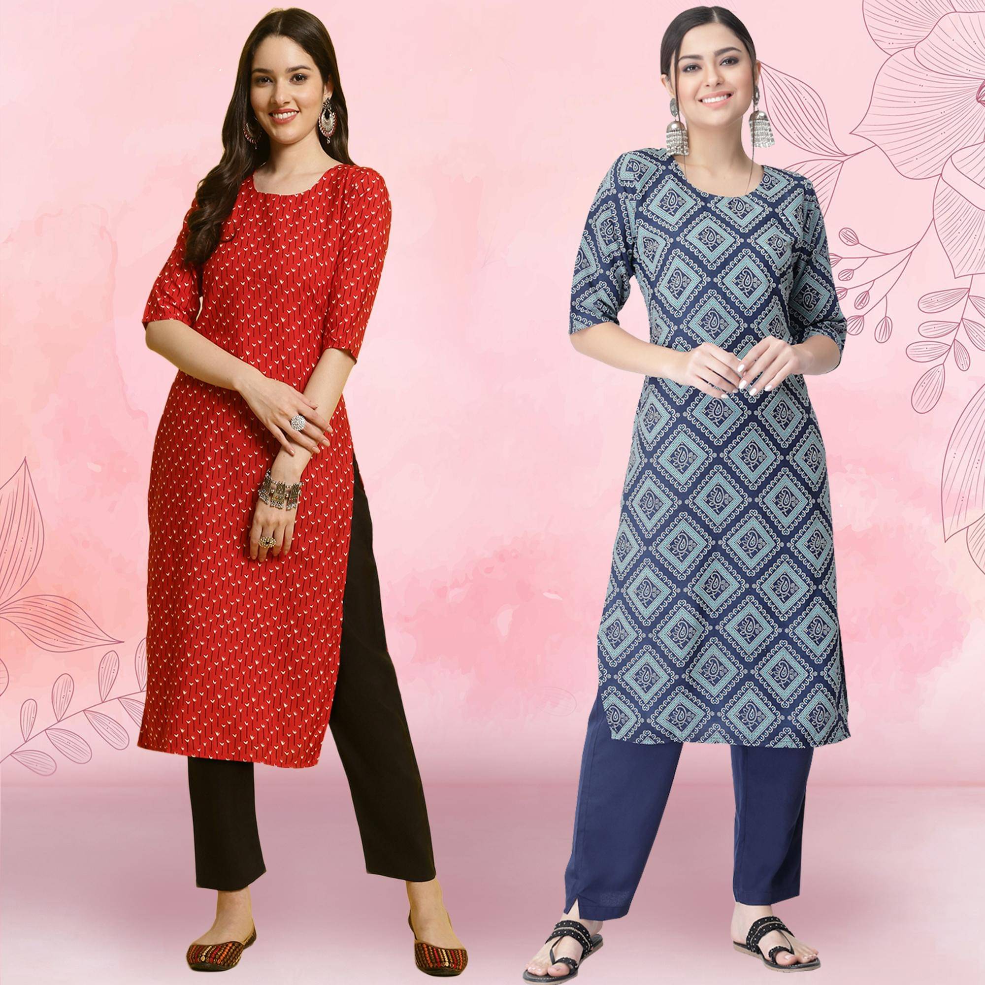 1 Stop Fashion Crepe Printed Kurti With Pants Women's Stitched Salwar Suit - Blue ( Pack of 2 )     			1 Stop Fashion Crepe Printed Kurti With Pants Women's Stitched Salwar Suit - Blue ( Pack of 2 )