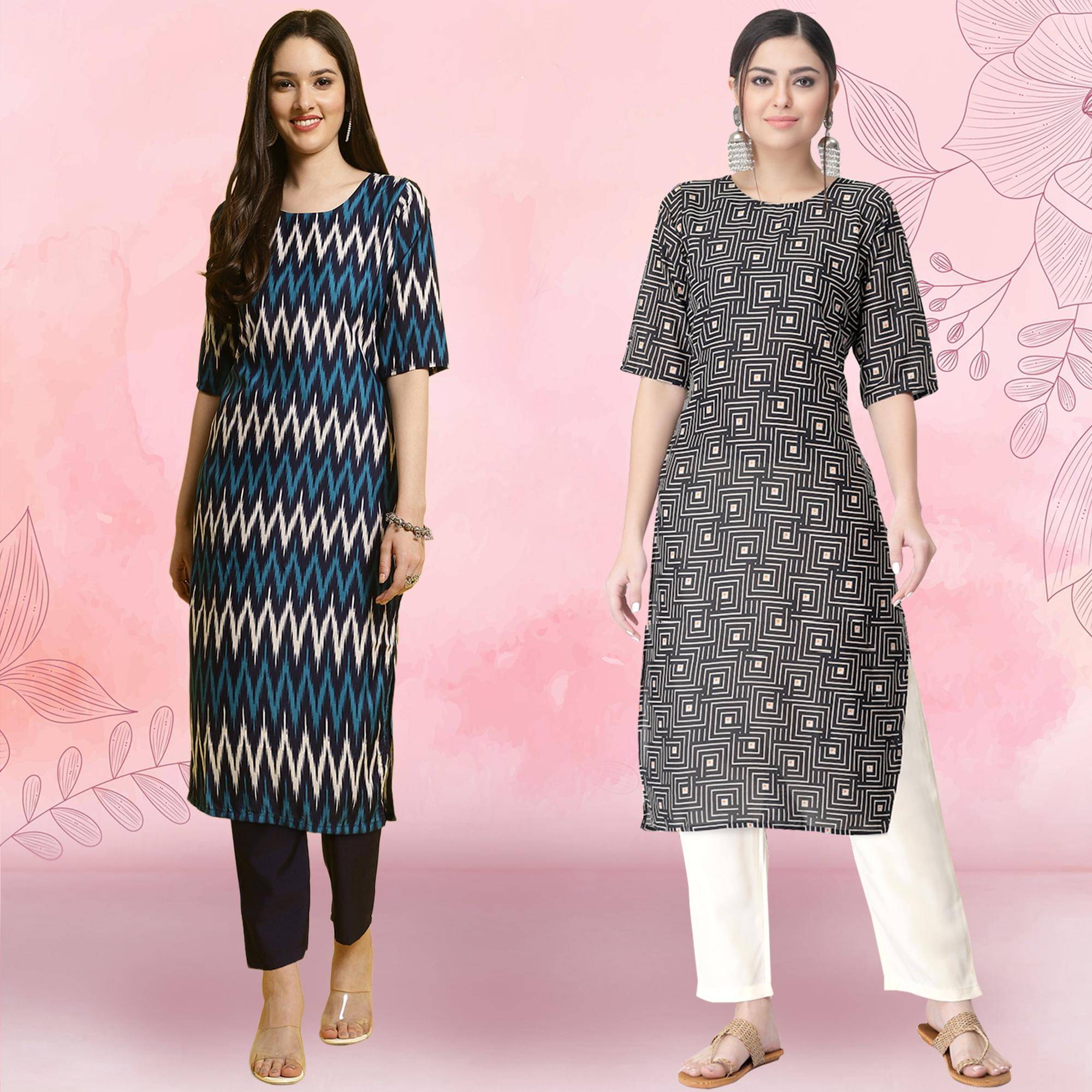     			1 Stop Fashion Crepe Printed Kurti With Pants Women's Stitched Salwar Suit - Black ( Pack of 2 )