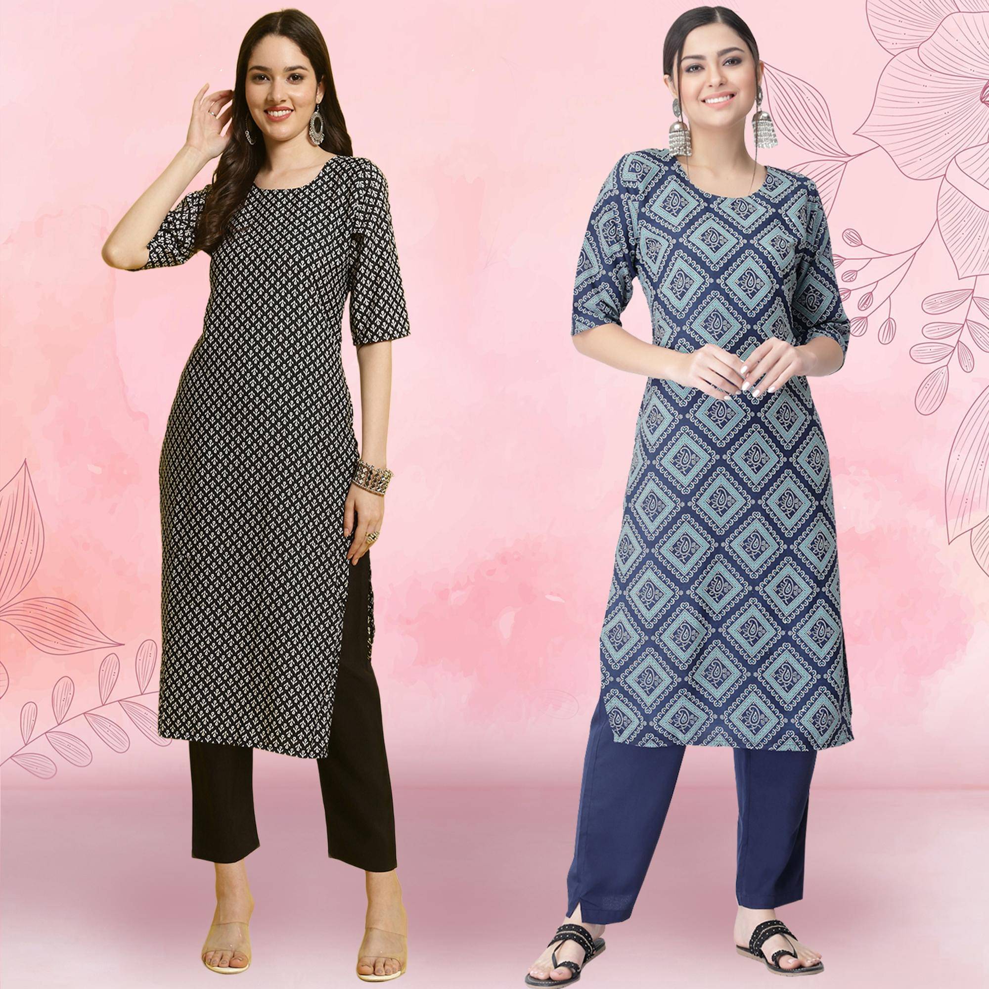     			1 Stop Fashion Crepe Printed Kurti With Pants Women's Stitched Salwar Suit - Blue ( Pack of 2 )