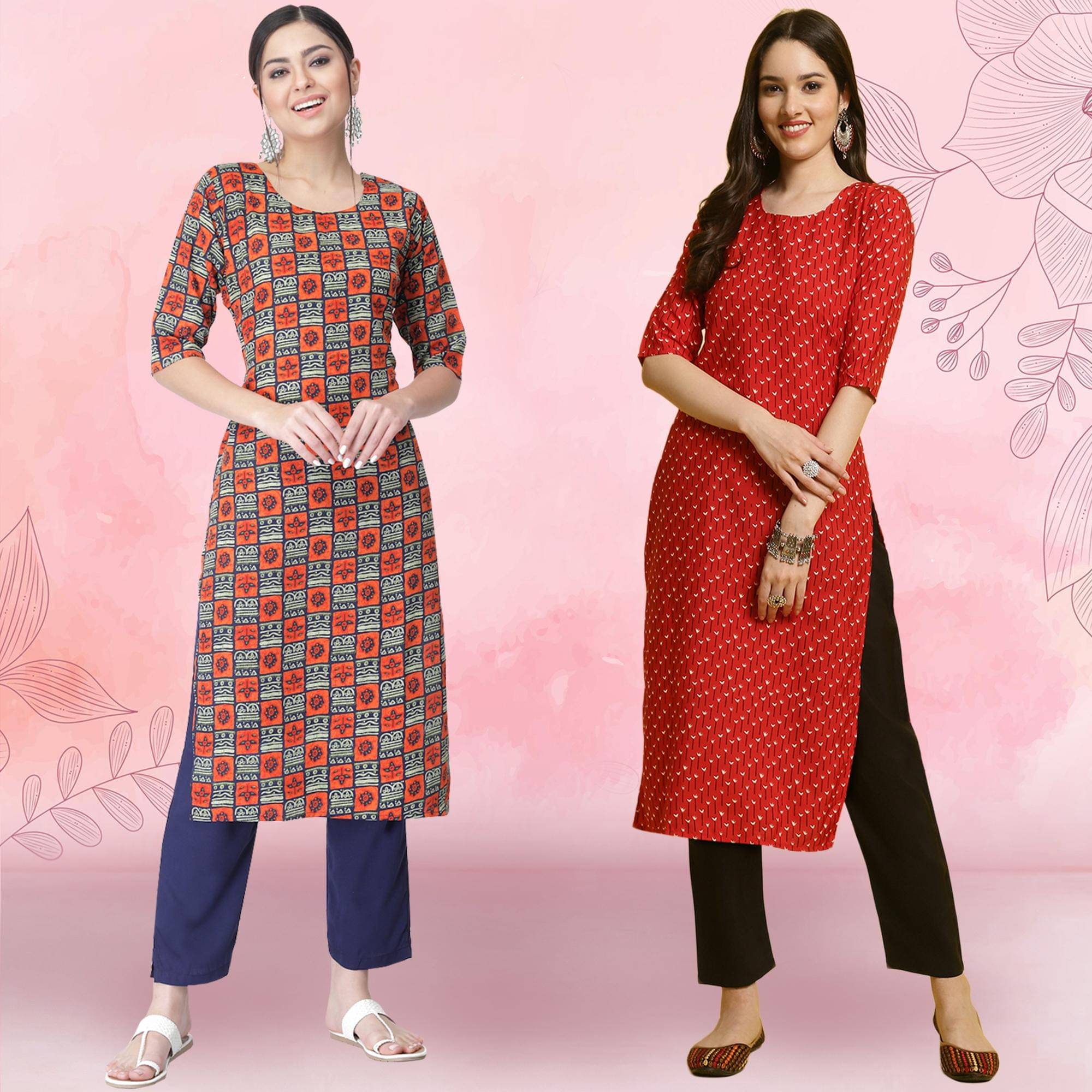     			1 Stop Fashion Crepe Printed Kurti With Pants Women's Stitched Salwar Suit - Red ( Pack of 2 )