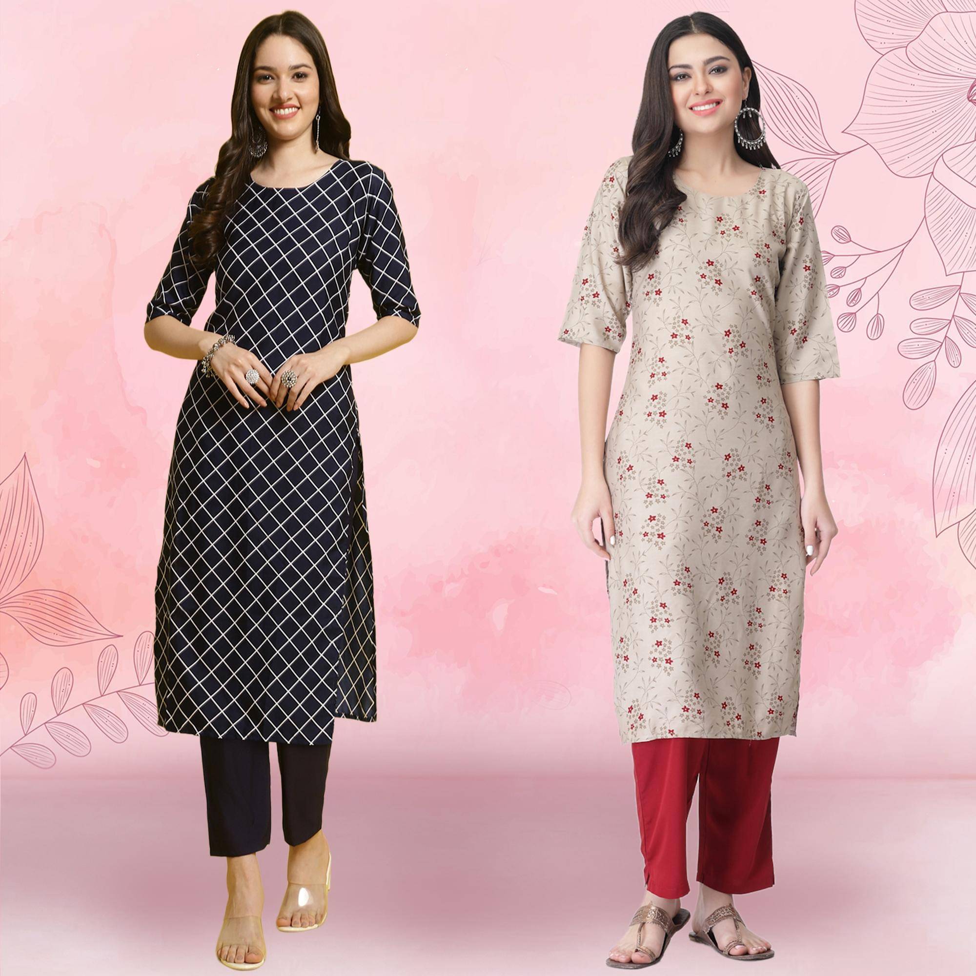 1 Stop Fashion Crepe Printed Kurti With Pants Women's Stitched Salwar Suit - Beige ( Pack of 2 ) 1 Stop Fashion Crepe Printed Kurti With Pants Women's Stitched Salwar Suit - Beige ( Pack of 2 )