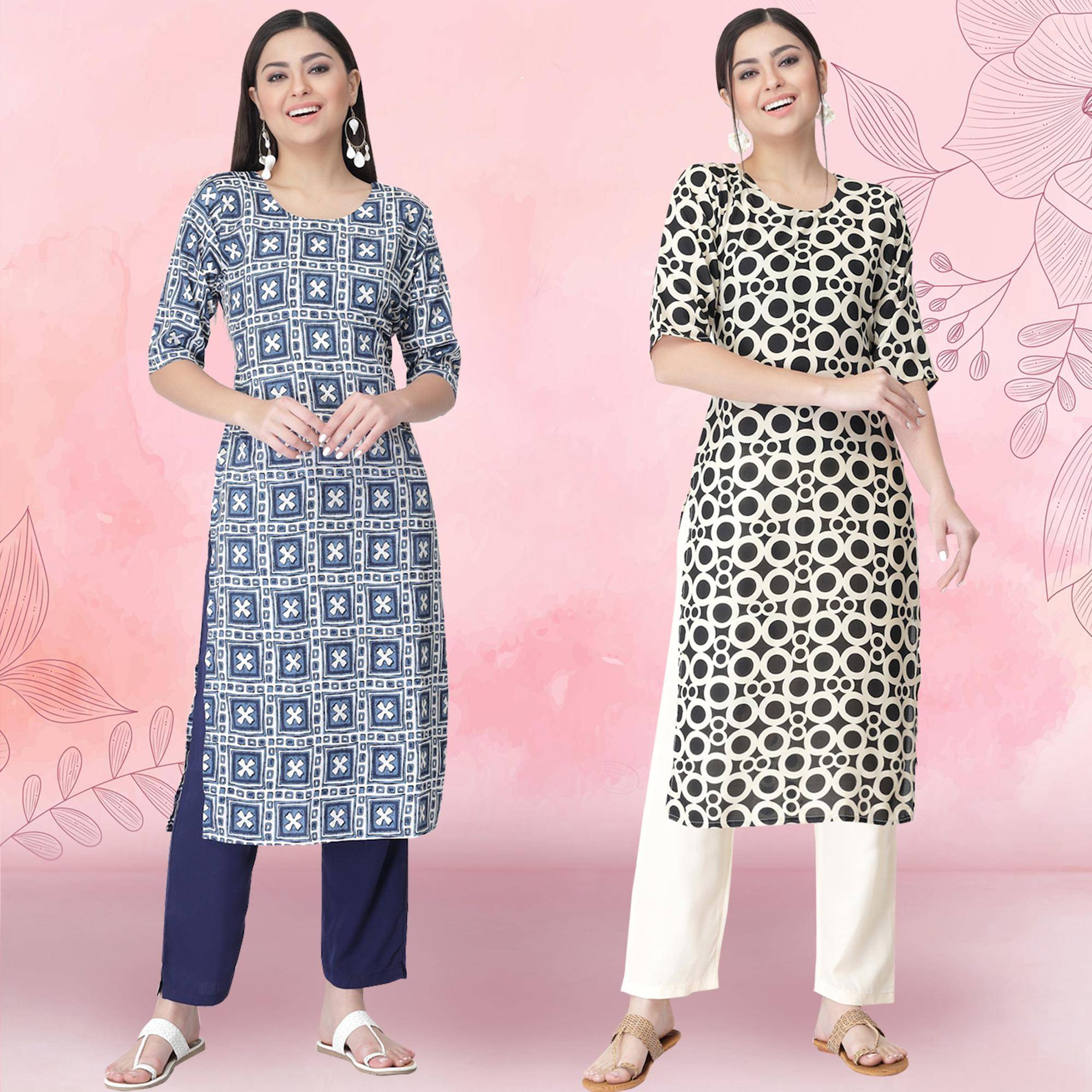 1 Stop Fashion Crepe Printed Kurti With Pants Women's Stitched Salwar Suit - Black ( Pack of 2 )     			1 Stop Fashion Crepe Printed Kurti With Pants Women's Stitched Salwar Suit - Black ( Pack of 2 )