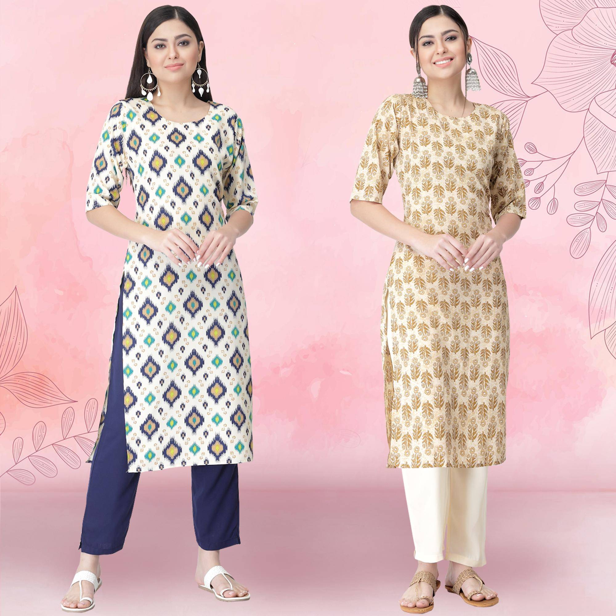     			1 Stop Fashion Crepe Printed Kurti With Pants Women's Stitched Salwar Suit - Cream ( Pack of 2 )