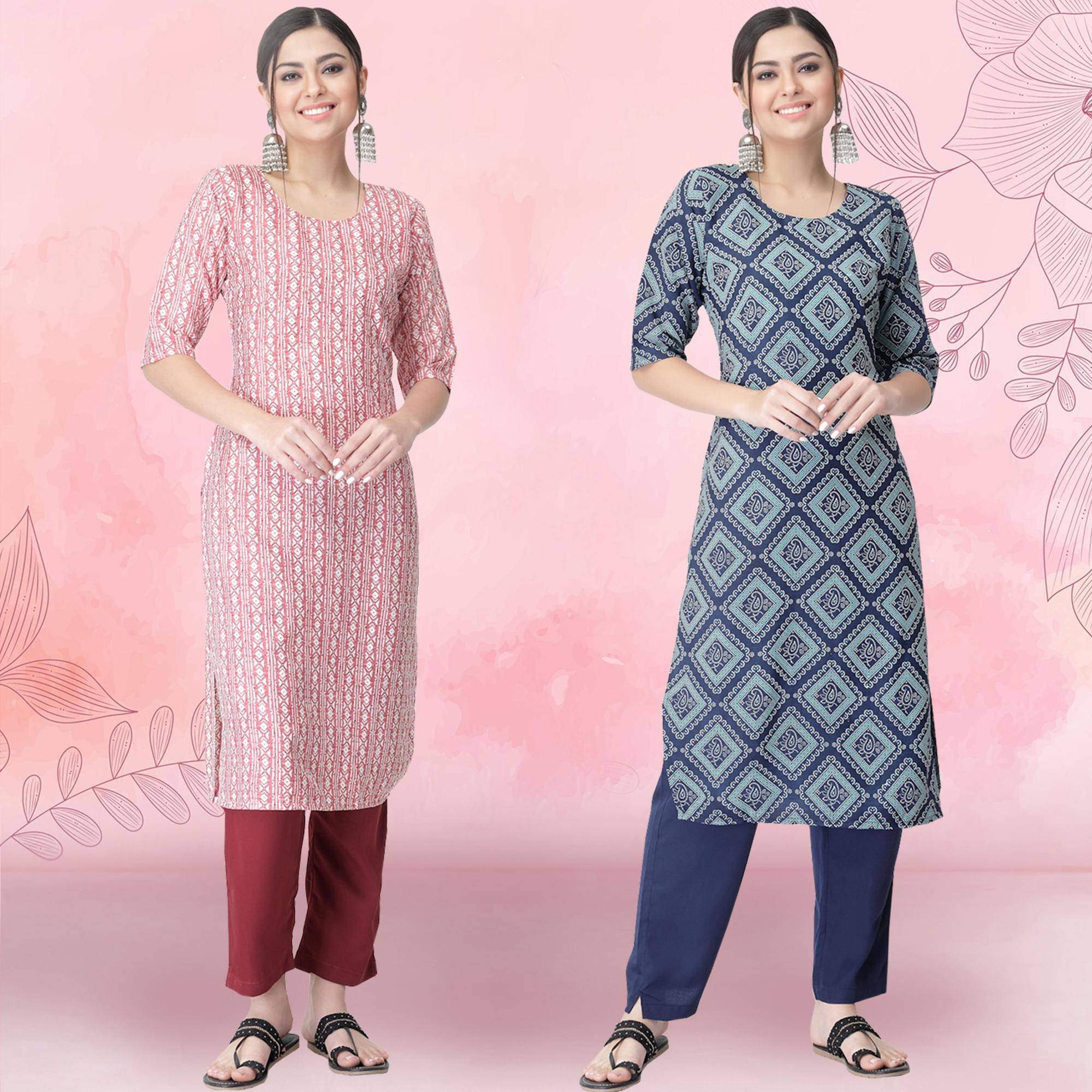     			1 Stop Fashion Crepe Printed Kurti With Pants Women's Stitched Salwar Suit - Blue ( Pack of 2 )