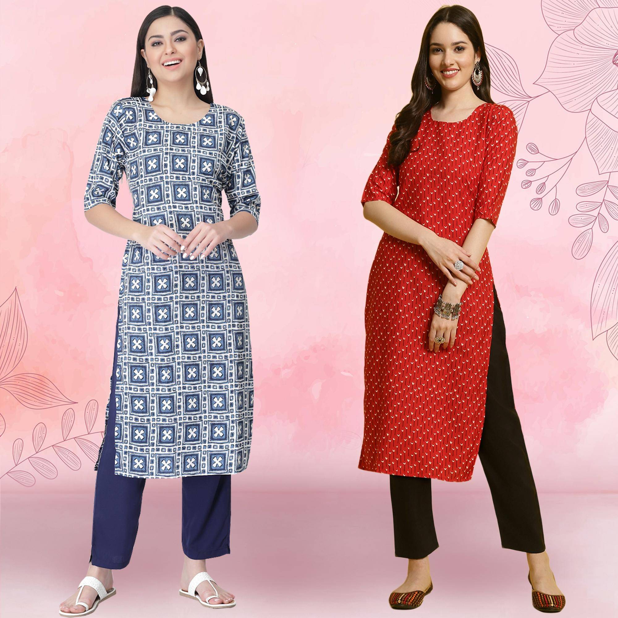 1 Stop Fashion Crepe Printed Kurti With Pants Women's Stitched Salwar Suit - Red ( Pack of 2 ) 1 Stop Fashion Crepe Printed Kurti With Pants Women's Stitched Salwar Suit - Red ( Pack of 2 )