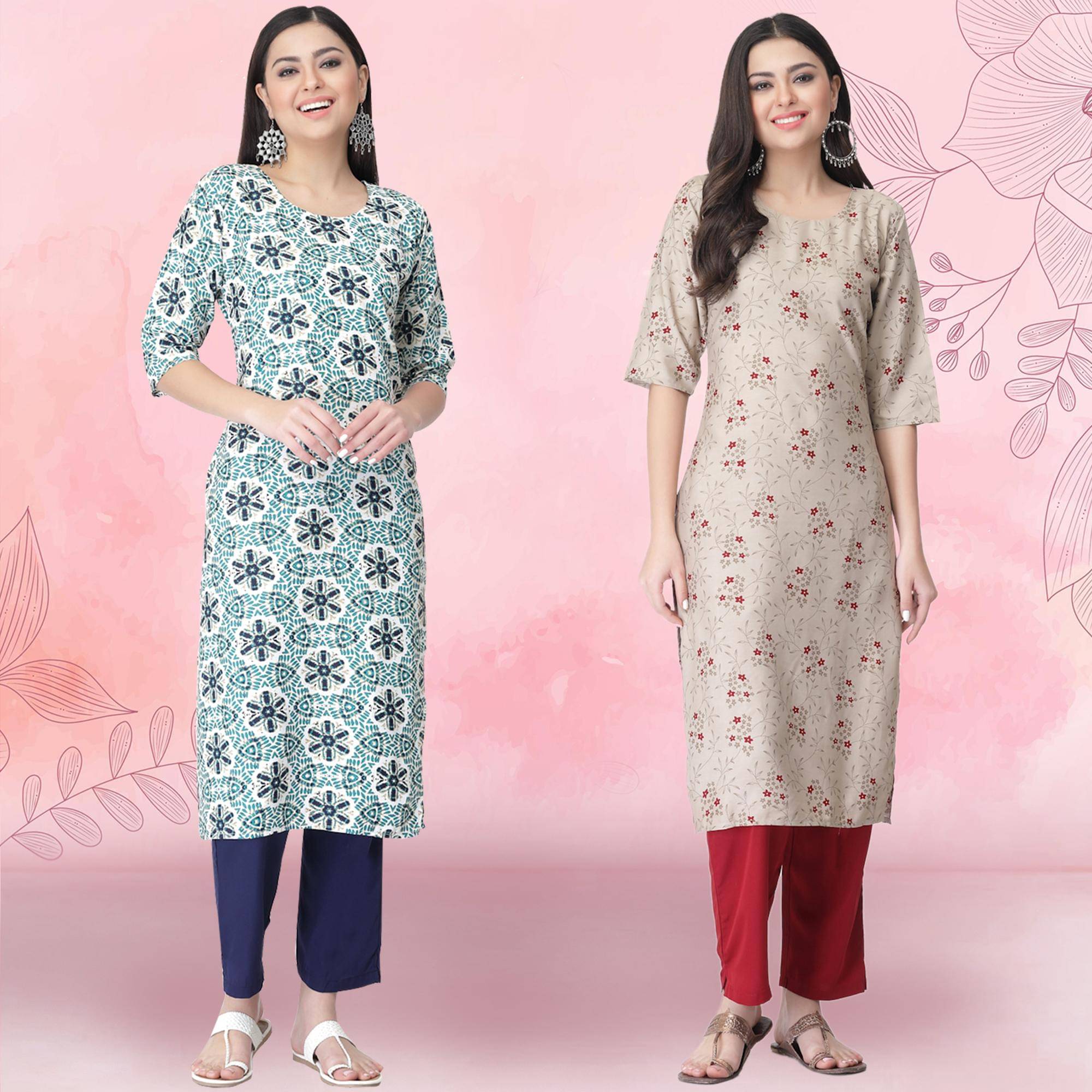     			1 Stop Fashion Crepe Printed Kurti With Pants Women's Stitched Salwar Suit - Beige ( Pack of 2 )