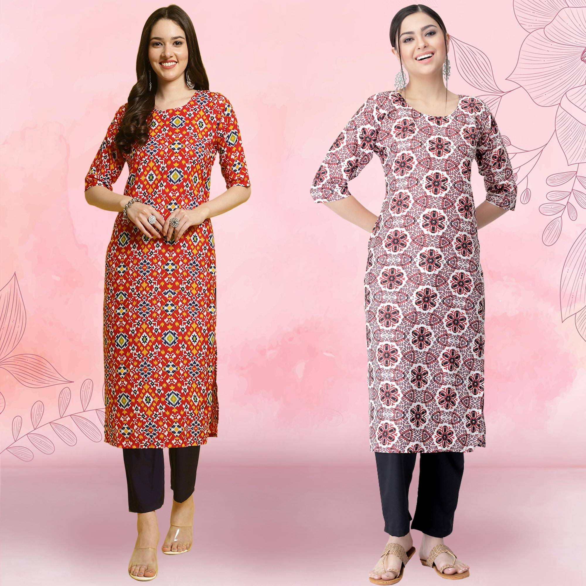 1 Stop Fashion Crepe Printed Kurti With Pants Women's Stitched Salwar Suit - Pink ( Pack of 2 ) 1 Stop Fashion Crepe Printed Kurti With Pants Women's Stitched Salwar Suit - Pink ( Pack of 2 )