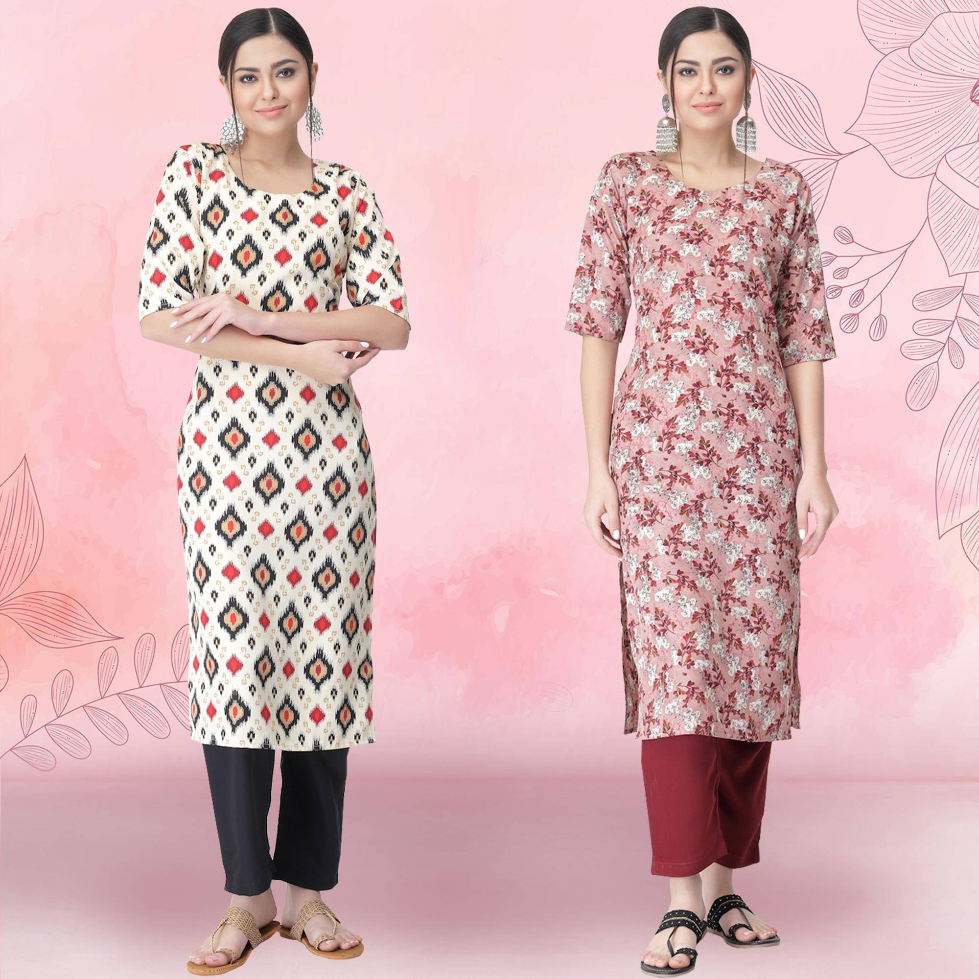     			1 Stop Fashion Crepe Printed Kurti With Pants Women's Stitched Salwar Suit - Peach ( Pack of 2 )