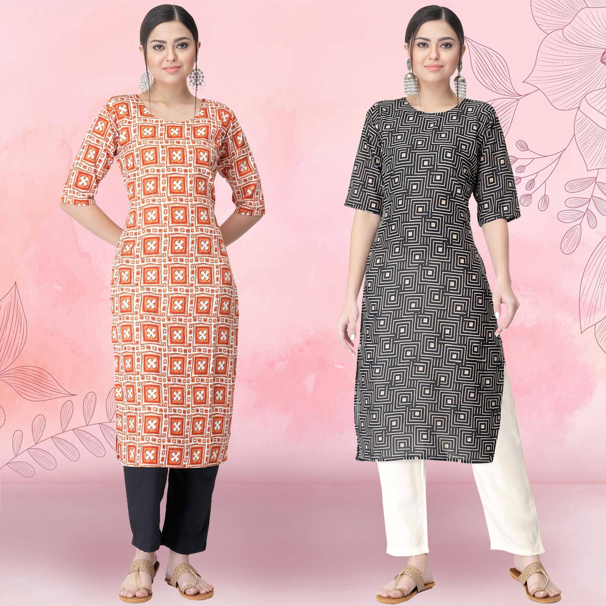 1 Stop Fashion Crepe Printed Kurti With Pants Women's Stitched Salwar Suit - Black ( Pack of 2 ) 1 Stop Fashion Crepe Printed Kurti With Pants Women's Stitched Salwar Suit - Black ( Pack of 2 )