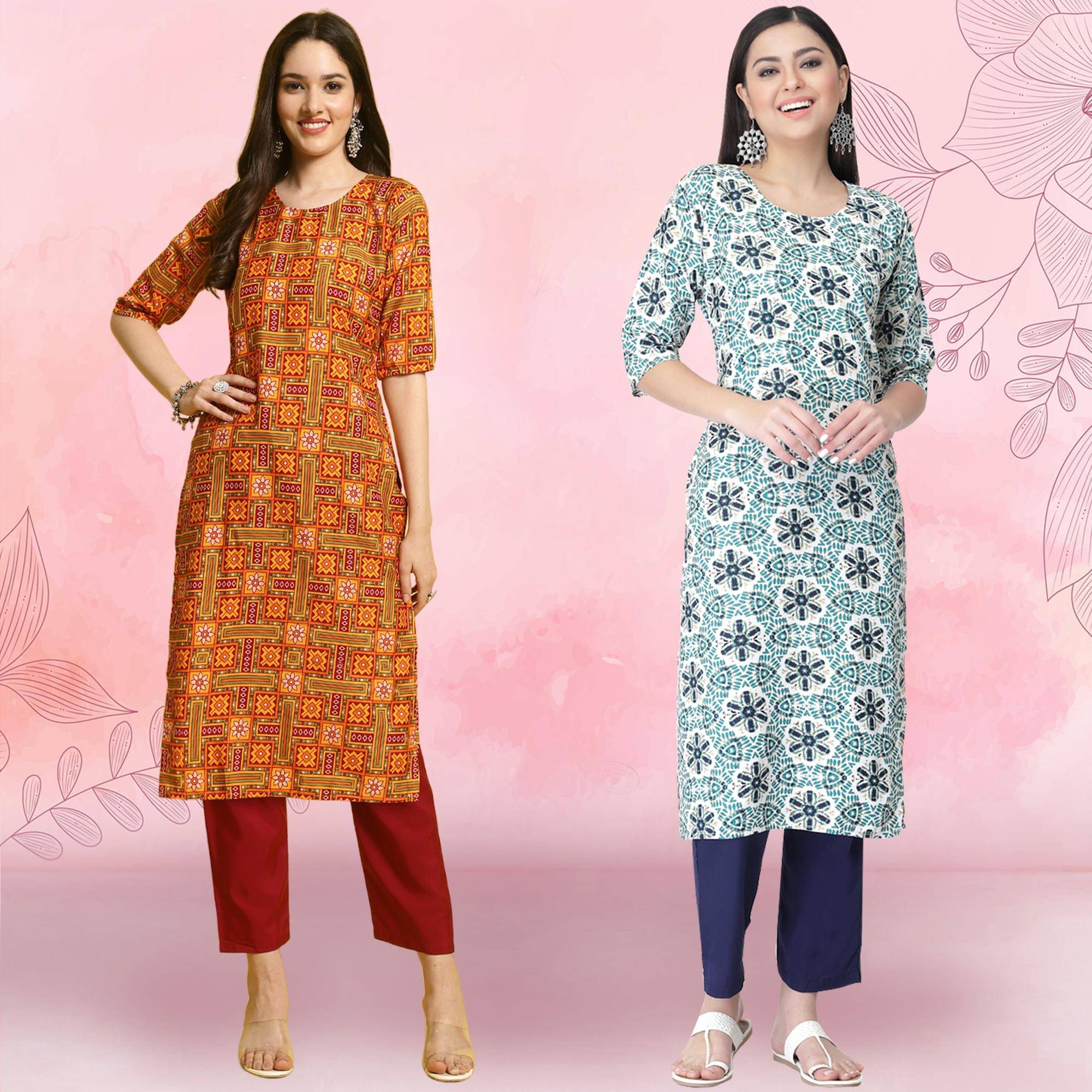 1 Stop Fashion Crepe Printed Kurti With Pants Women's Stitched Salwar Suit - Teal ( Pack of 2 ) 1 Stop Fashion Crepe Printed Kurti With Pants Women's Stitched Salwar Suit - Teal ( Pack of 2 )