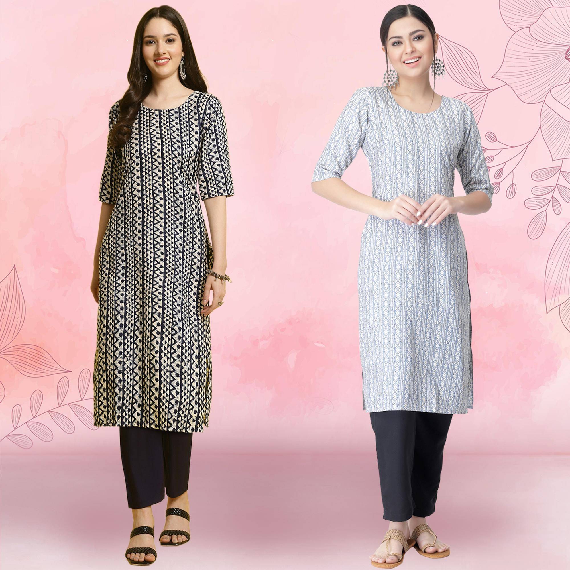     			1 Stop Fashion Crepe Printed Kurti With Pants Women's Stitched Salwar Suit - Off White ( Pack of 2 )