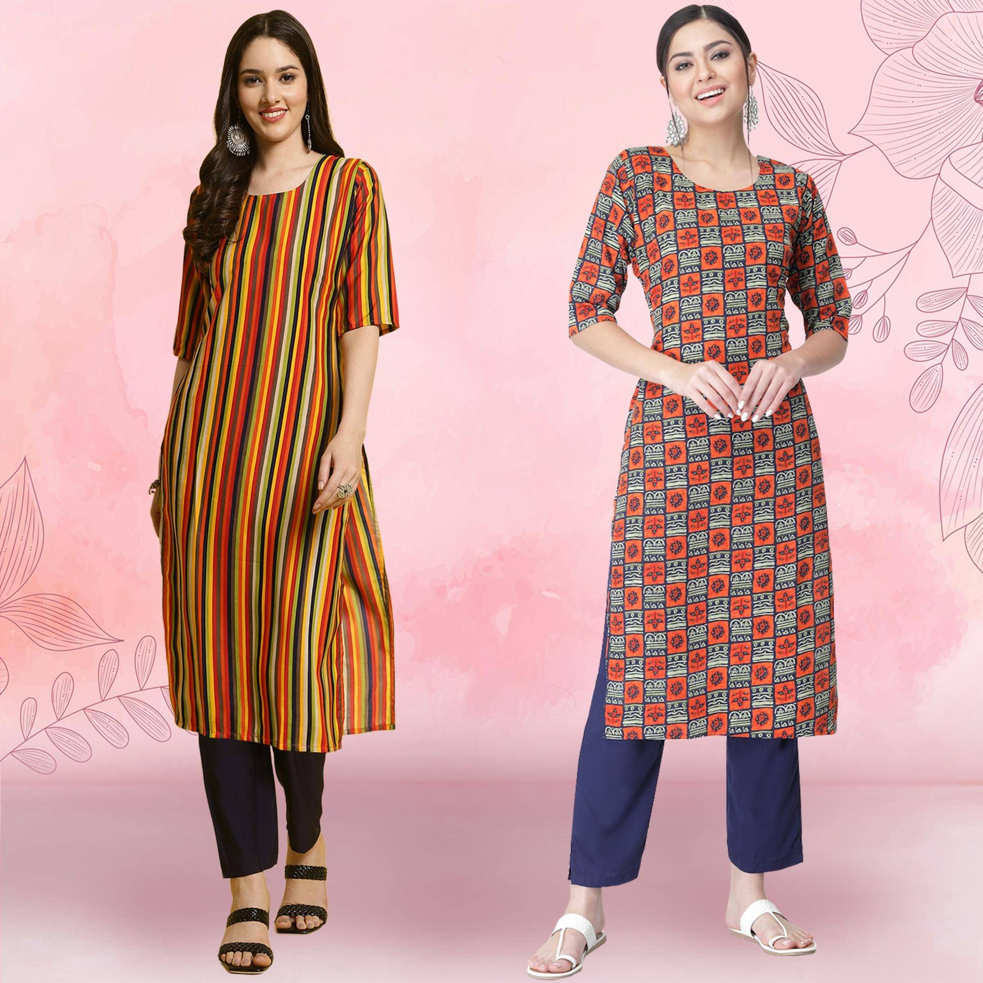 1 Stop Fashion Crepe Printed Kurti With Pants Women's Stitched Salwar Suit - Orange ( Pack of 2 )     			1 Stop Fashion Crepe Printed Kurti With Pants Women's Stitched Salwar Suit - Orange ( Pack of 2 )