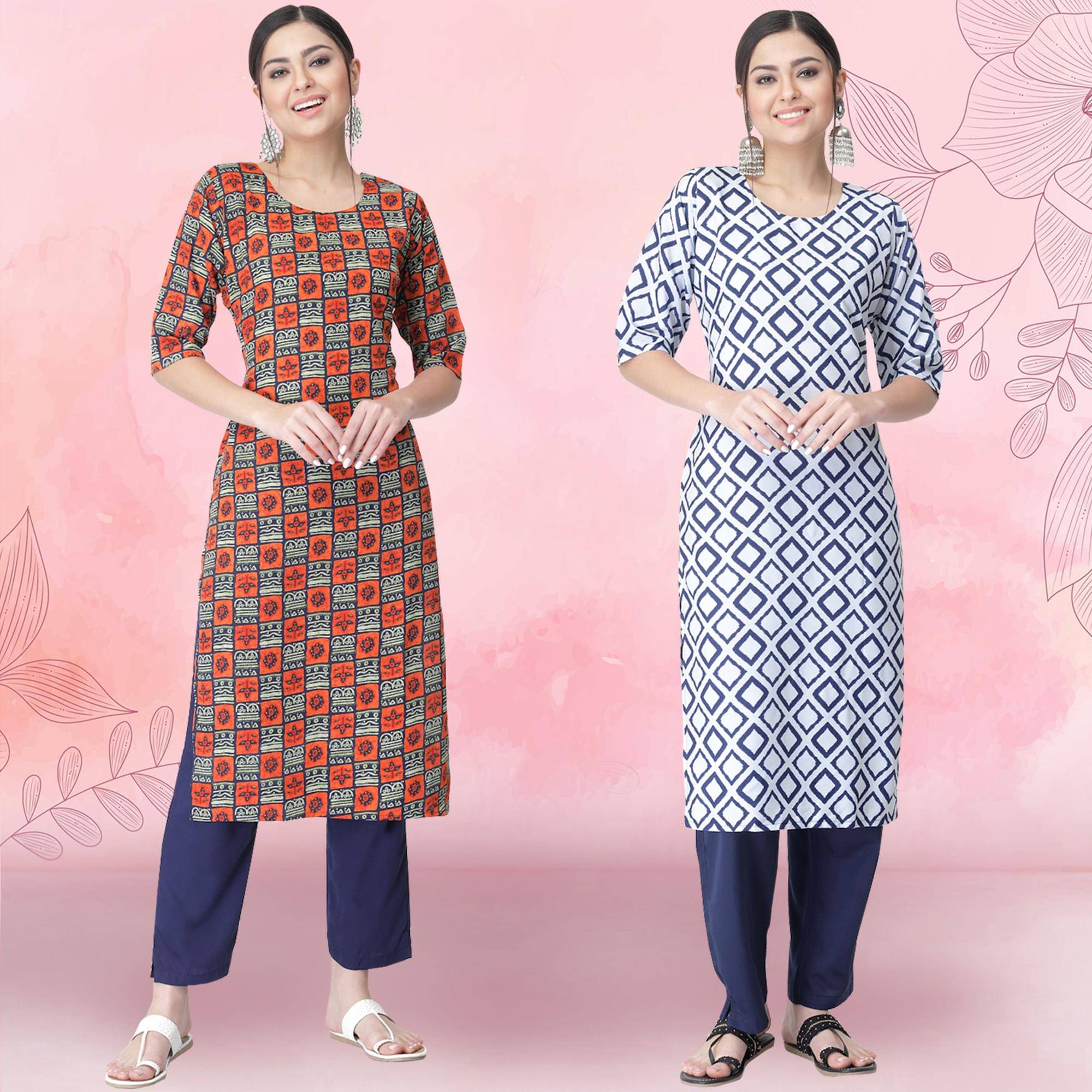 1 Stop Fashion Crepe Printed Kurti With Pants Women's Stitched Salwar Suit - White ( Pack of 2 )     			1 Stop Fashion Crepe Printed Kurti With Pants Women's Stitched Salwar Suit - White ( Pack of 2 )