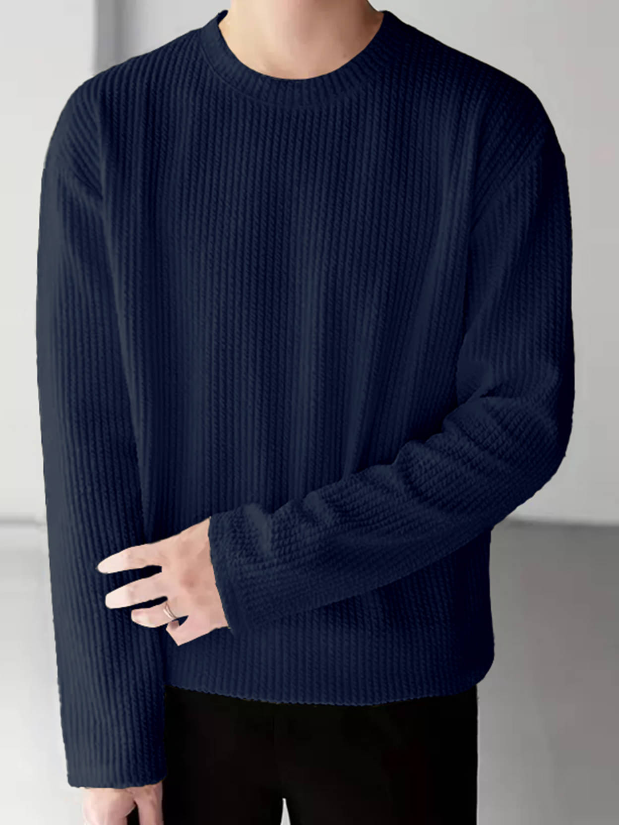     			Eyebogler Cotton Blend Oversized Fit Self Design Full Sleeves Men's Round T-Shirt - Blue ( Pack of 1 )
