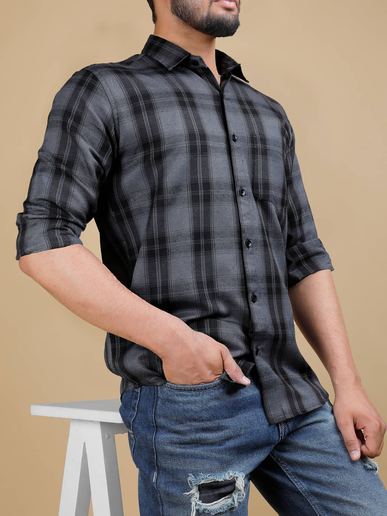 Eyebogler Cotton Blend Regular Fit Checks Full Sleeves Men's Mandarin Collar T-Shirt - Grey ( Pack of 1 )