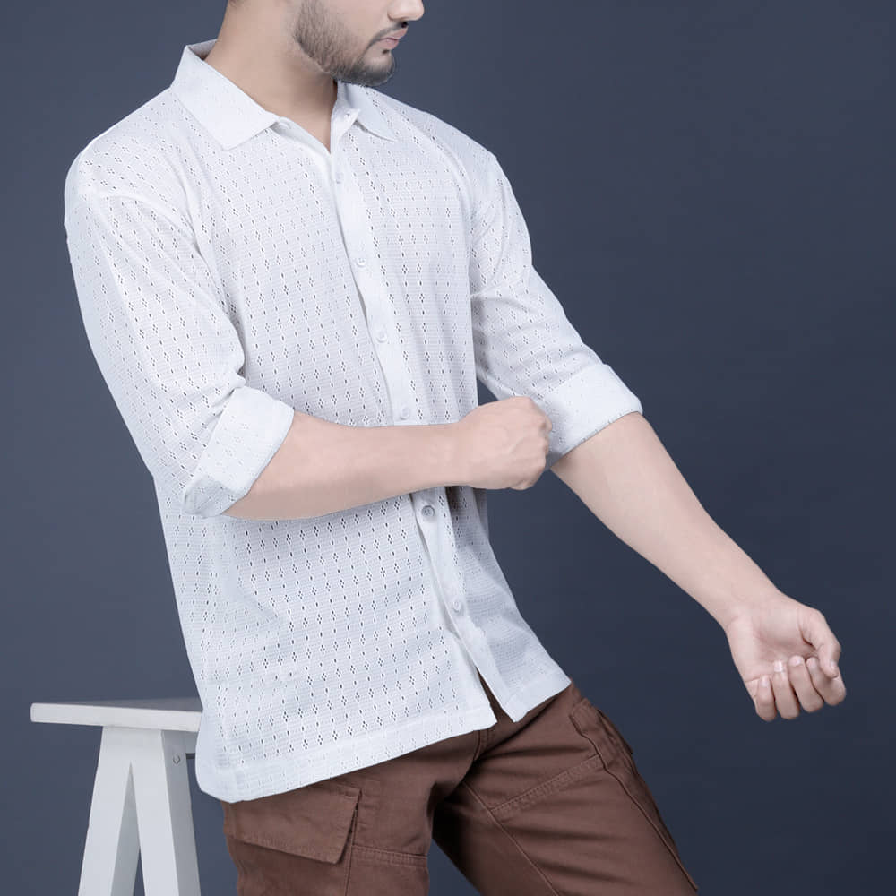Eyebogler Polyester Oversized Fit Popcorn Textured Full Sleeves Men's Casual Shirt - White ( Pack of 1 )