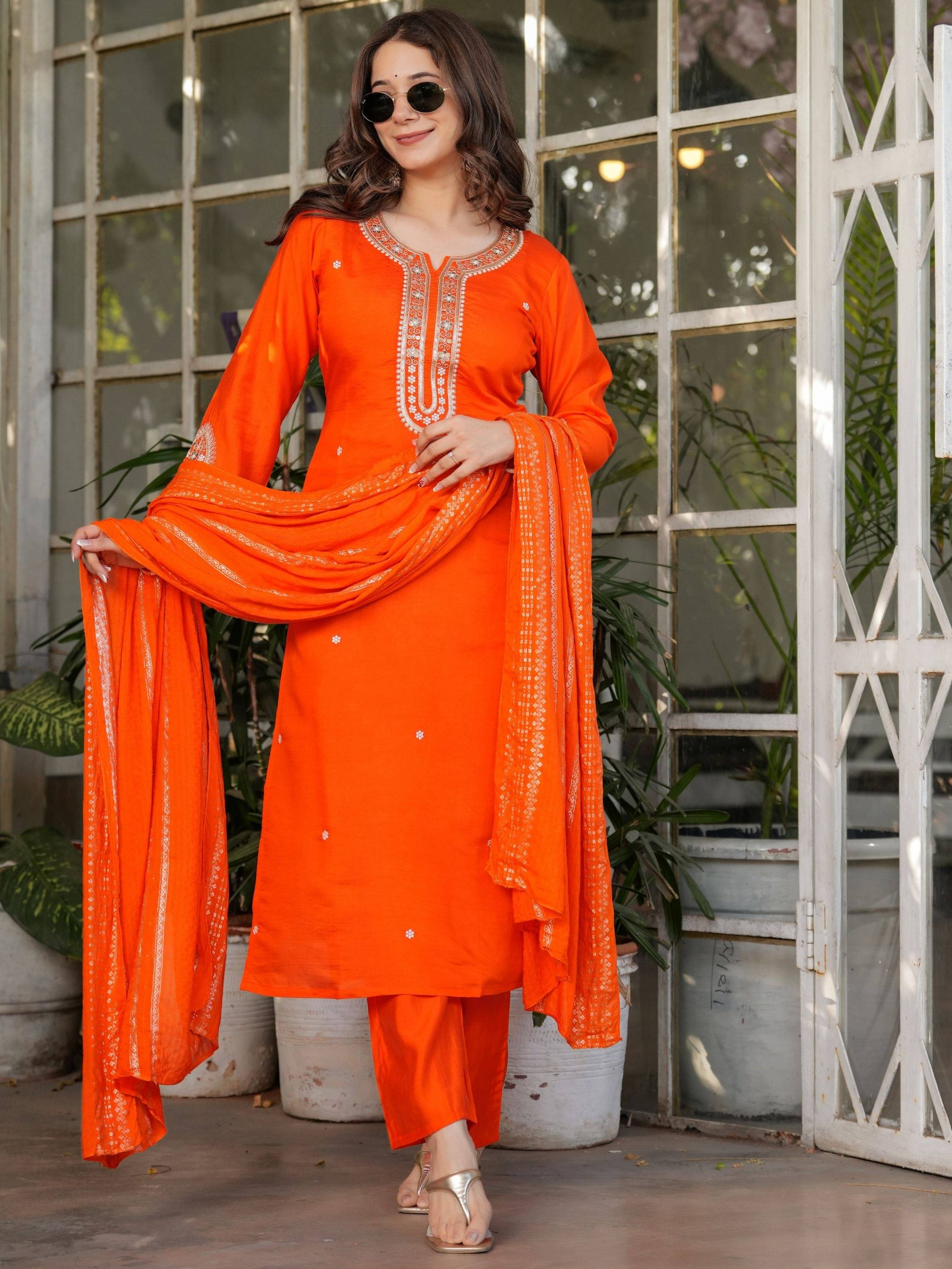 Niza Fashion Chanderi Embroidered Kurti With Pants Women's Stitched Salwar Suit - Orange ( Pack of 1 ) Niza Fashion Chanderi Embroidered Kurti With Pants Women's Stitched Salwar Suit - Orange ( Pack of 1 )