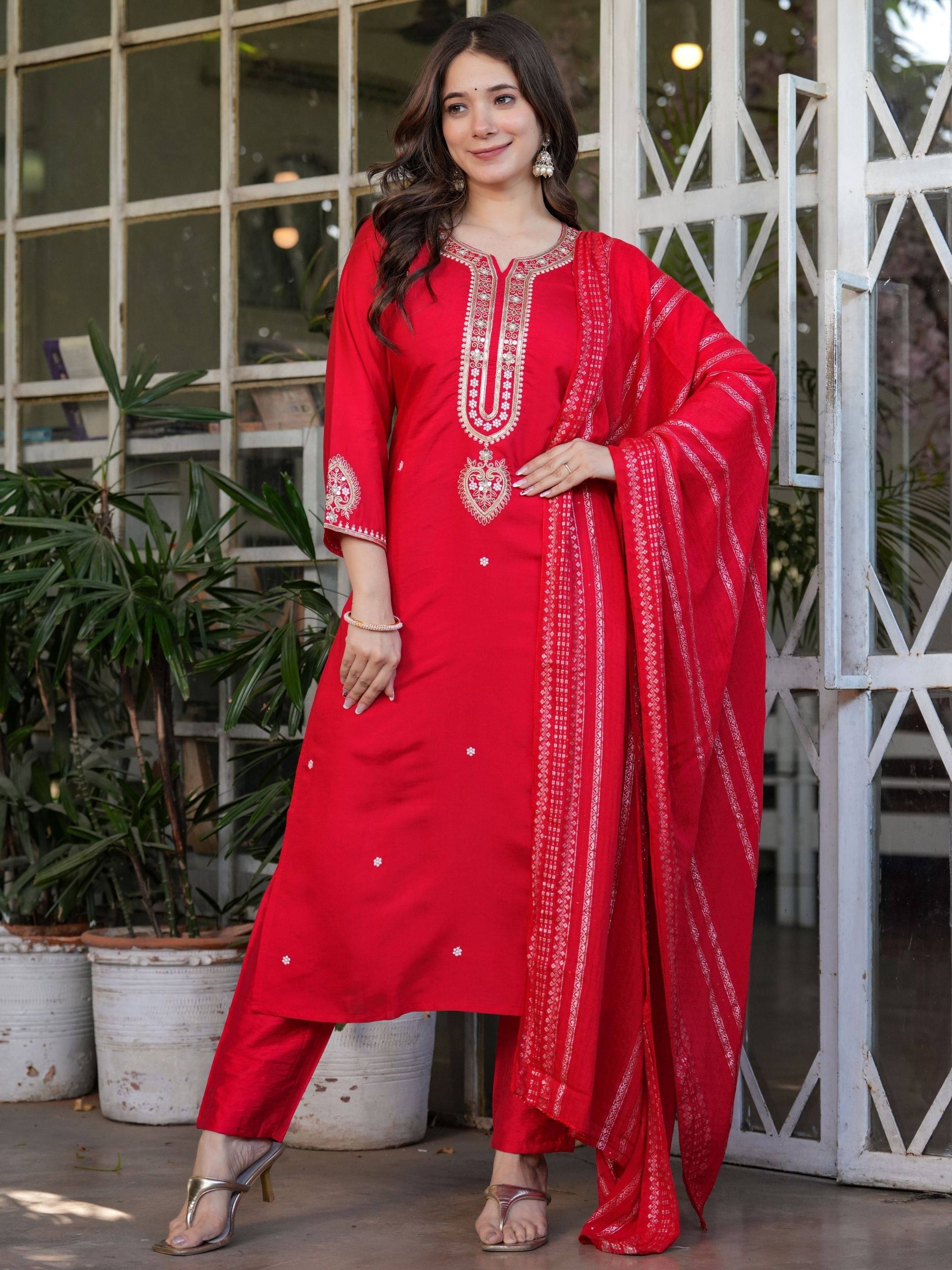     			Niza Fashion Chanderi Embroidered Kurti With Pants Women's Stitched Salwar Suit - Red ( Pack of 1 )