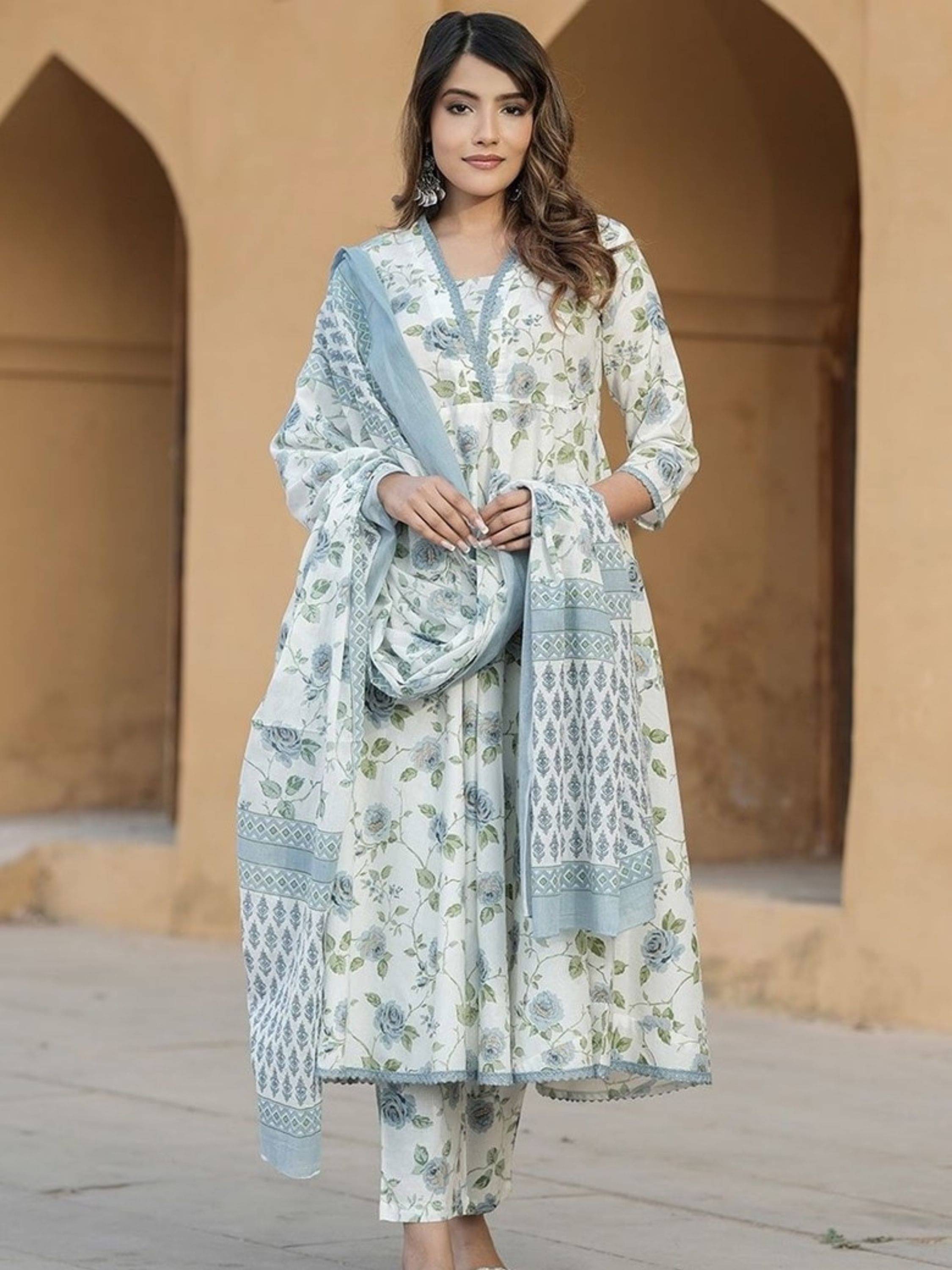     			Niza Fashion Cotton Printed Kurti With Pants Women's Stitched Salwar Suit - Blue ( Pack of 1 )