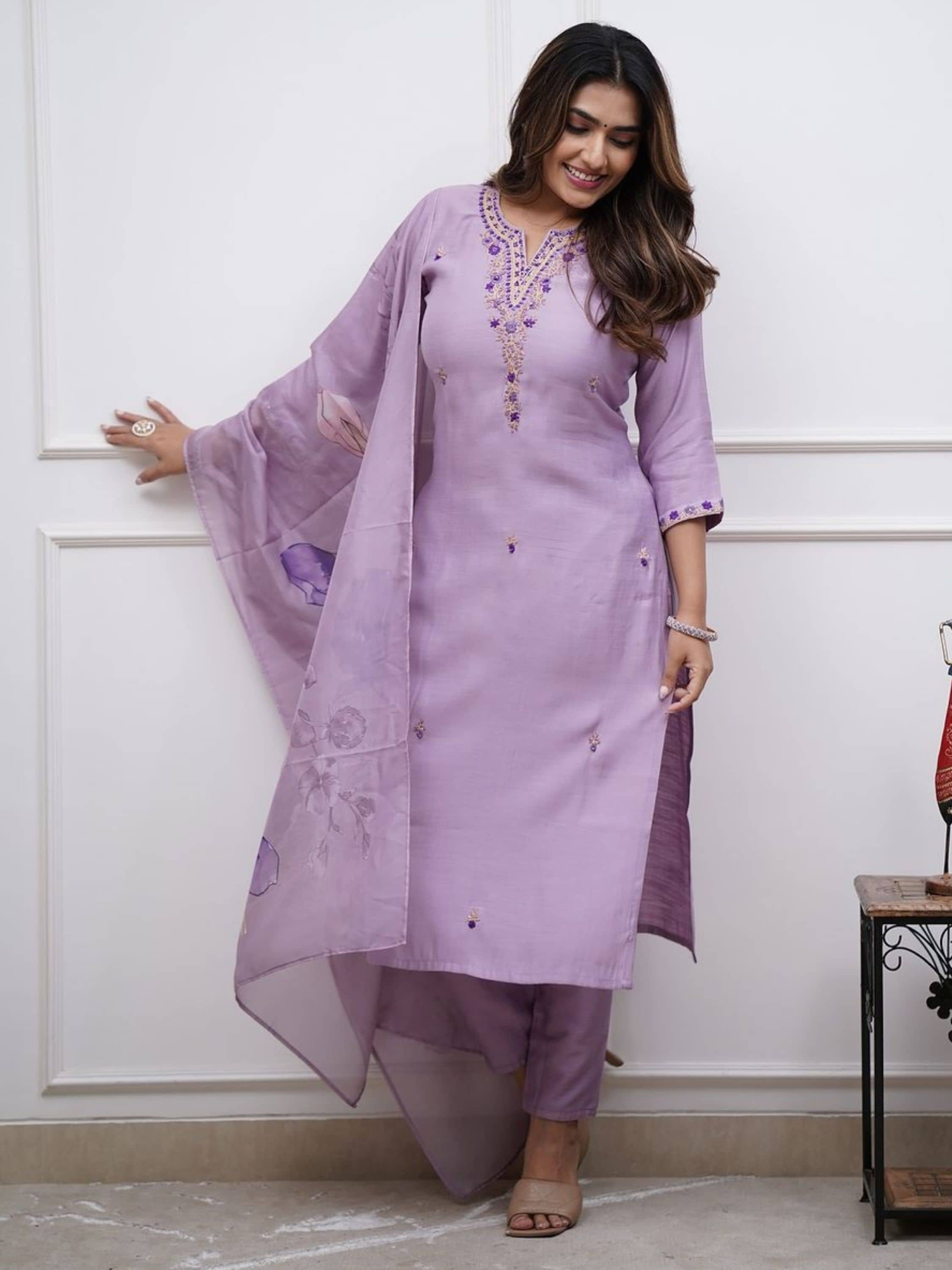 Niza Fashion Rayon Embroidered Kurti With Pants Women's Stitched Salwar Suit - Purple ( Pack of 1 )