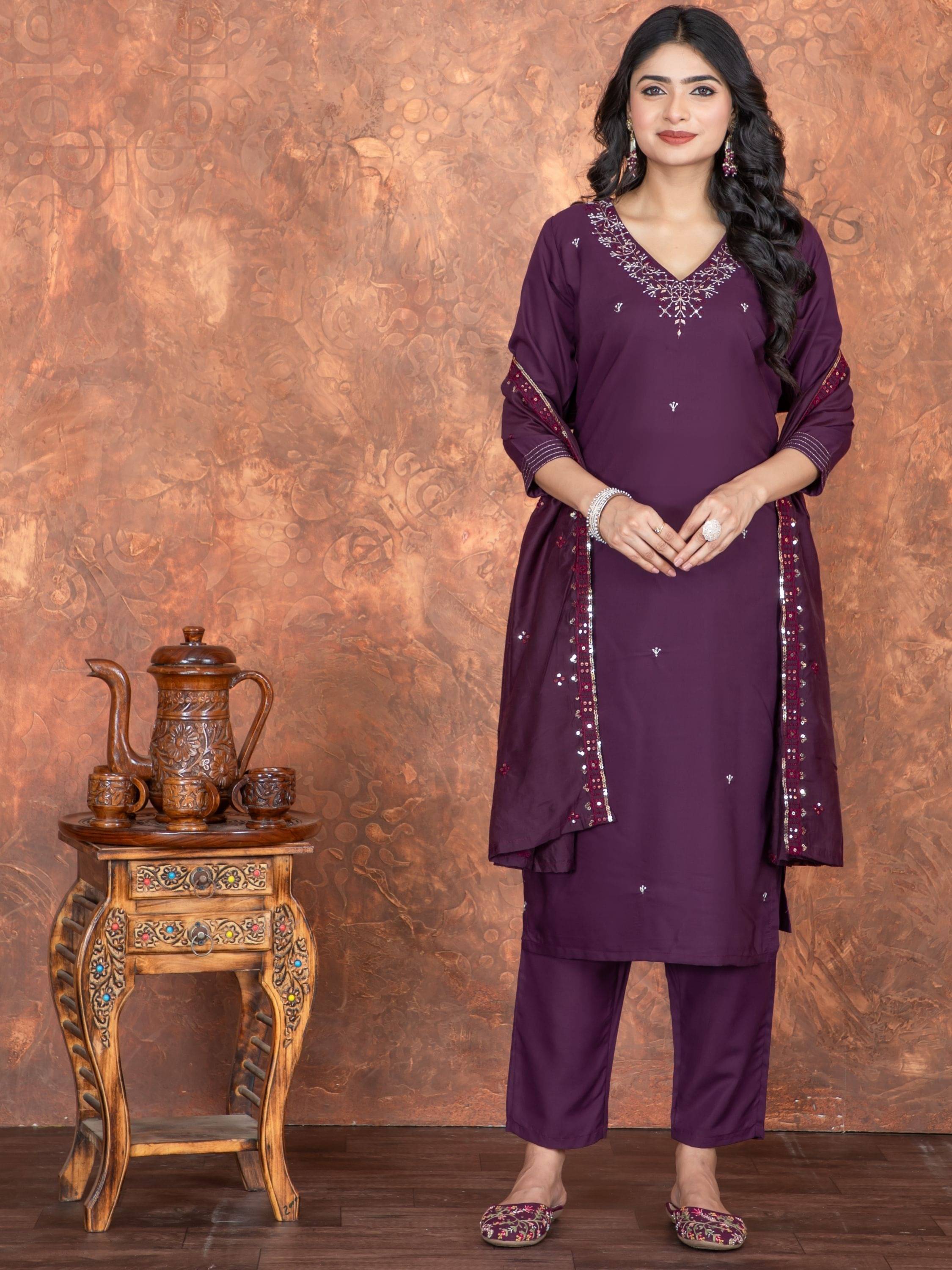 Niza Fashion Silk Embroidered Kurti With Pants Women's Stitched Salwar Suit - Purple ( Pack of 1 ) Niza Fashion Silk Embroidered Kurti With Pants Women's Stitched Salwar Suit - Purple ( Pack of 1 )