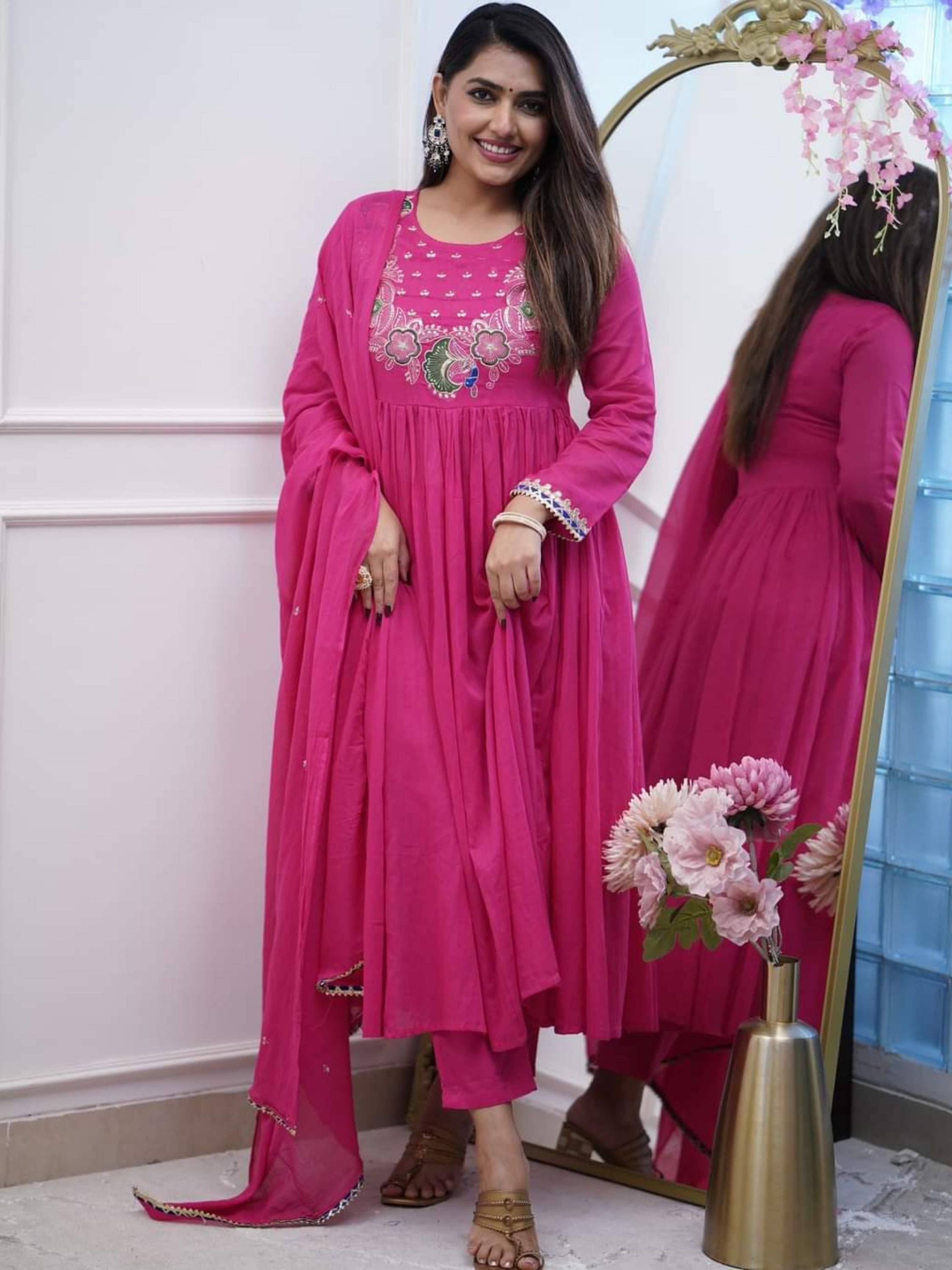     			Niza Fashion Silk Embroidered Kurti With Pants Women's Stitched Salwar Suit - Pink ( Pack of 1 )