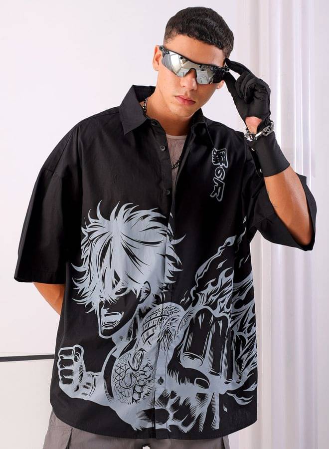     			The Indian Garage Co. 100% Cotton Oversized Fit Printed Half Sleeves Men's Casual Shirt - Black ( Pack of 1 )