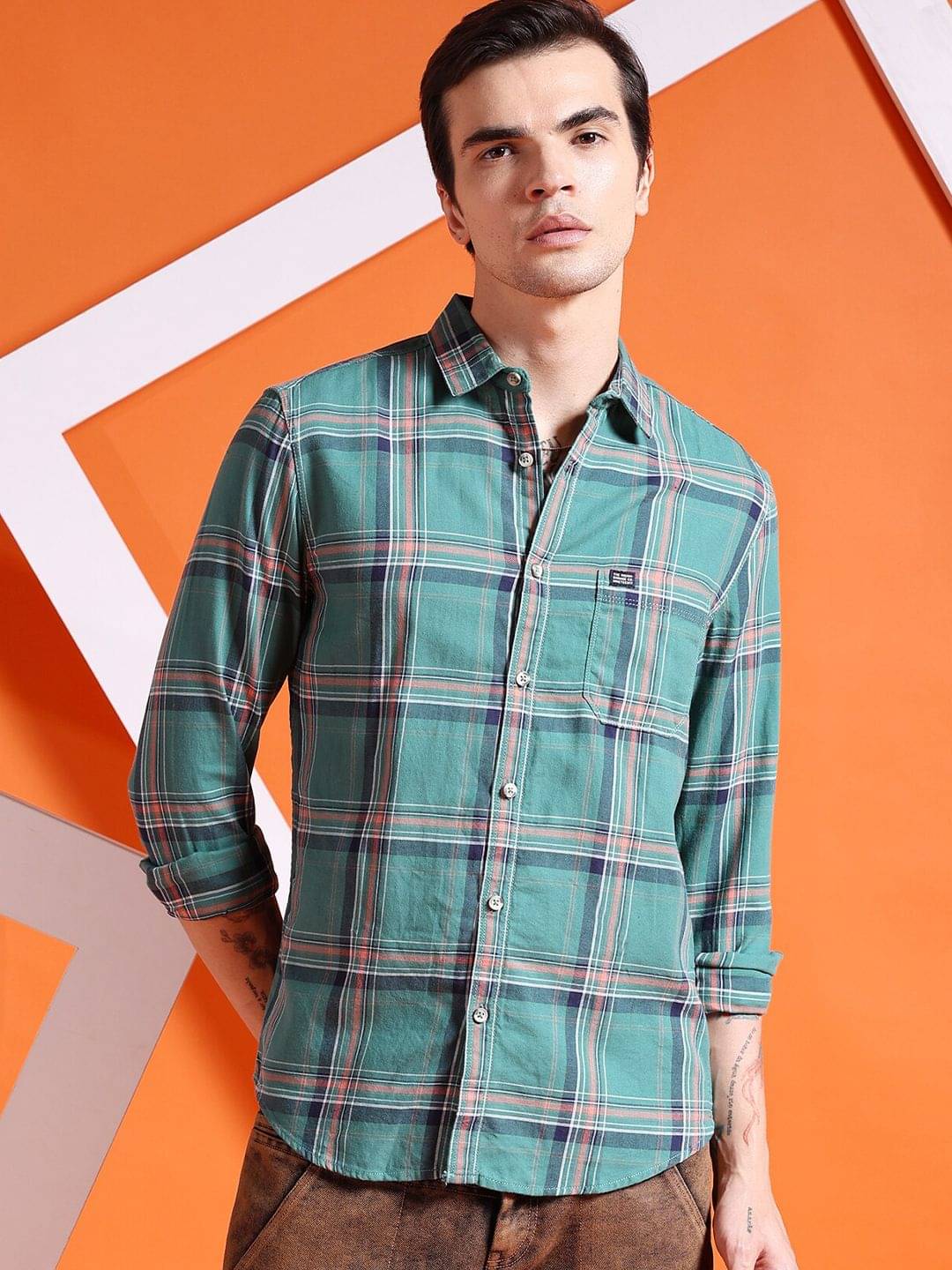     			The Indian Garage Co. 100% Cotton Slim Fit Checks Full Sleeves Men's Casual Shirt - Olive ( Pack of 1 )