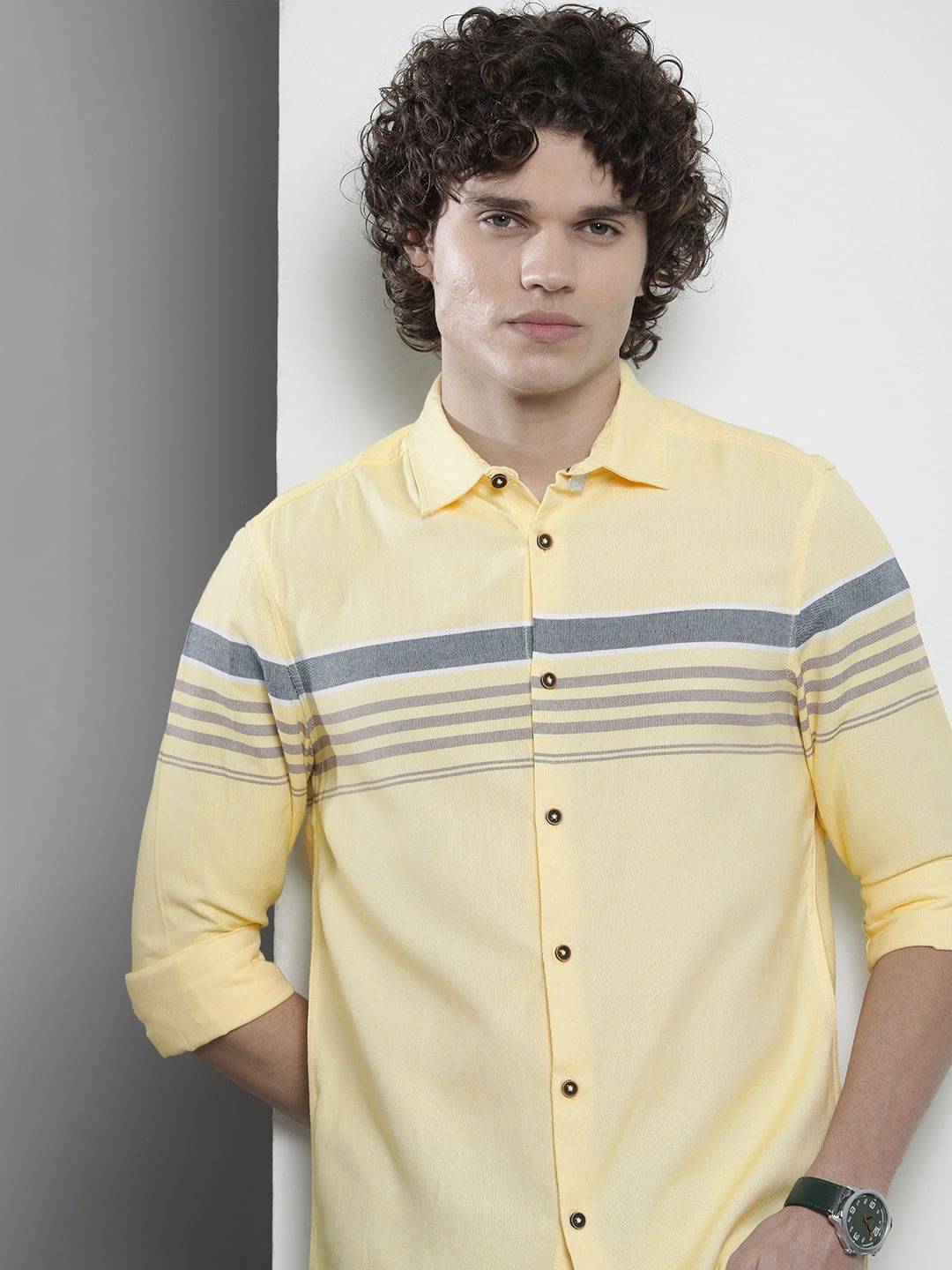     			The Indian Garage Co. 100% Cotton Regular Fit Striped Full Sleeves Men's Casual Shirt - Yellow ( Pack of 1 )