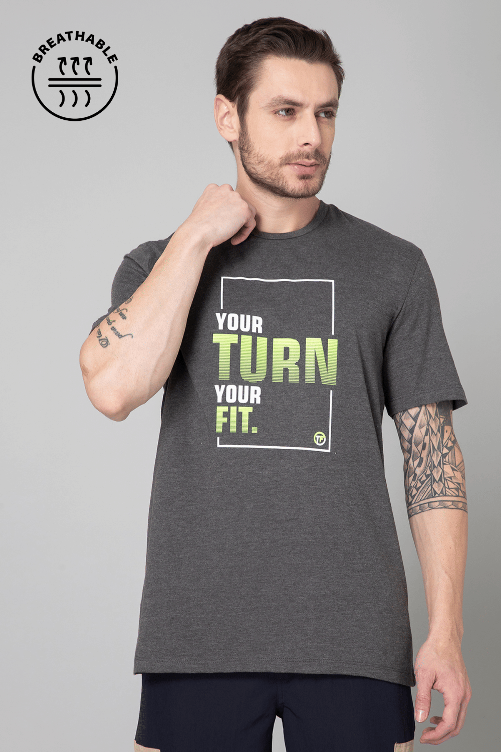     			Turnfit Cotton Blend Regular Fit Printed Half Sleeves Men's Round T-Shirt - Grey ( Pack of 1 )