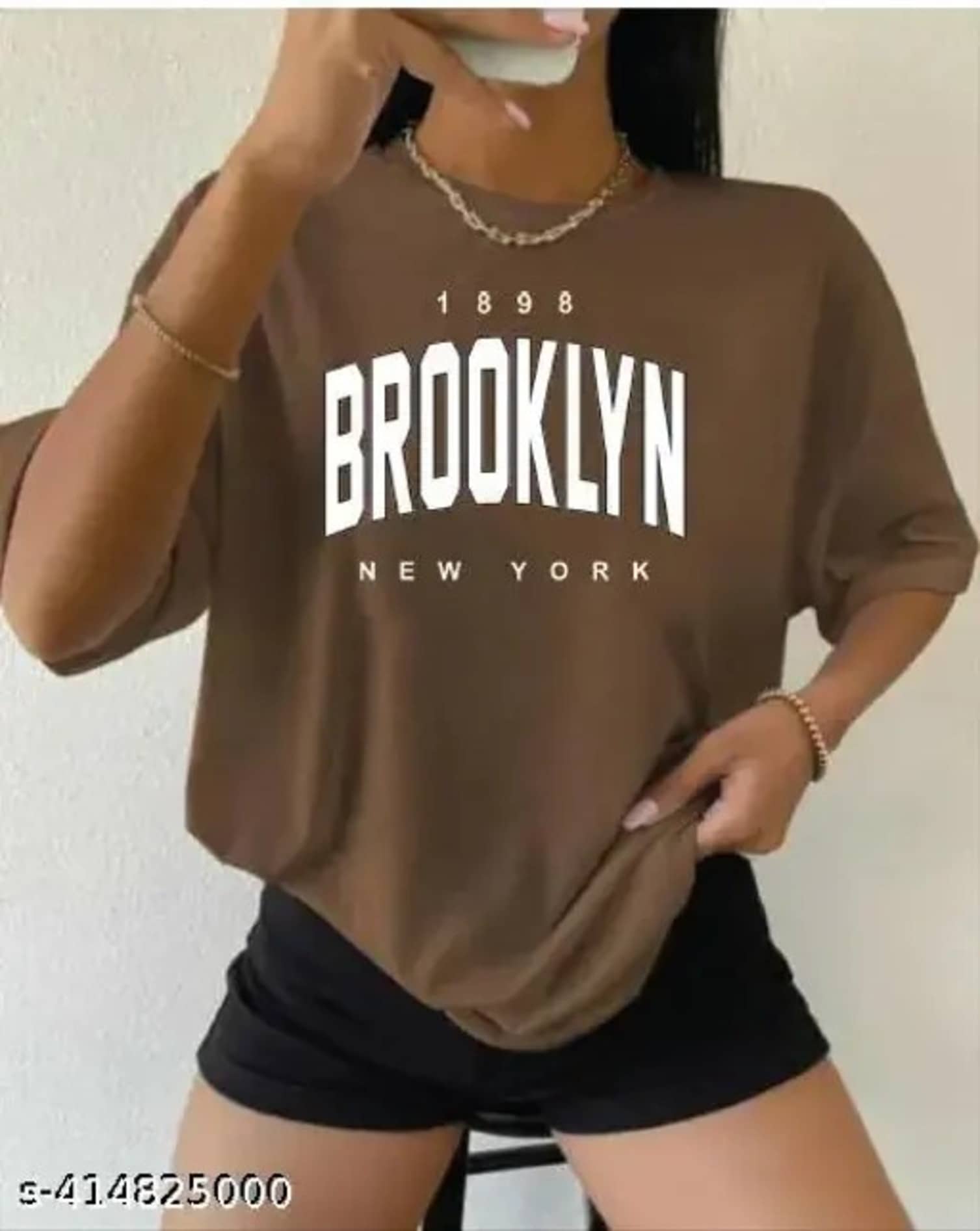 ekadravin Women Cotton Printed Oversized Fit Round Neck T-Shirt ( Brown )