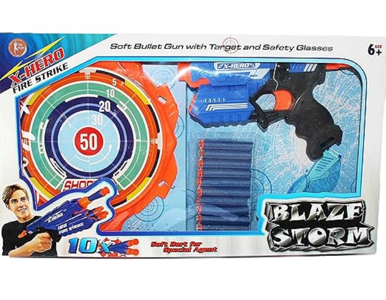     			1905Y-YESKART TOYS  Blaze Storm Hot Fire Soft Bullet Gun Toy with 1 X-Hero Gun,1 Target Board,10 Soft Bullets& 1 Safety Glass10 Safe Soft Foam Bullets, Fun Target Shooting Battle Fight Game for Kids Boys