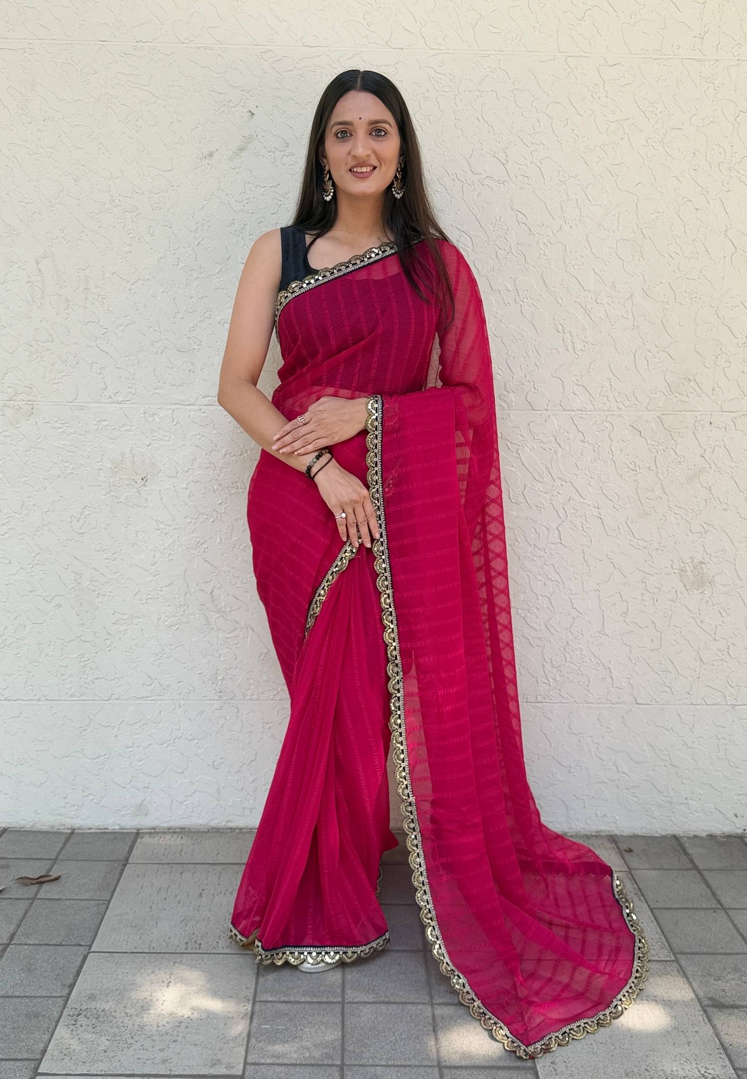     			A TO Z CART Chiffon Striped Saree With Unstitched Blouse Piece ( Rani )