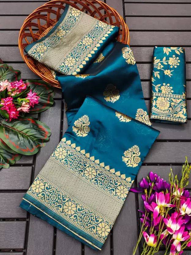     			A TO Z CART Silk Blend Solid Saree With Unstitched Blouse Piece ( Rama )